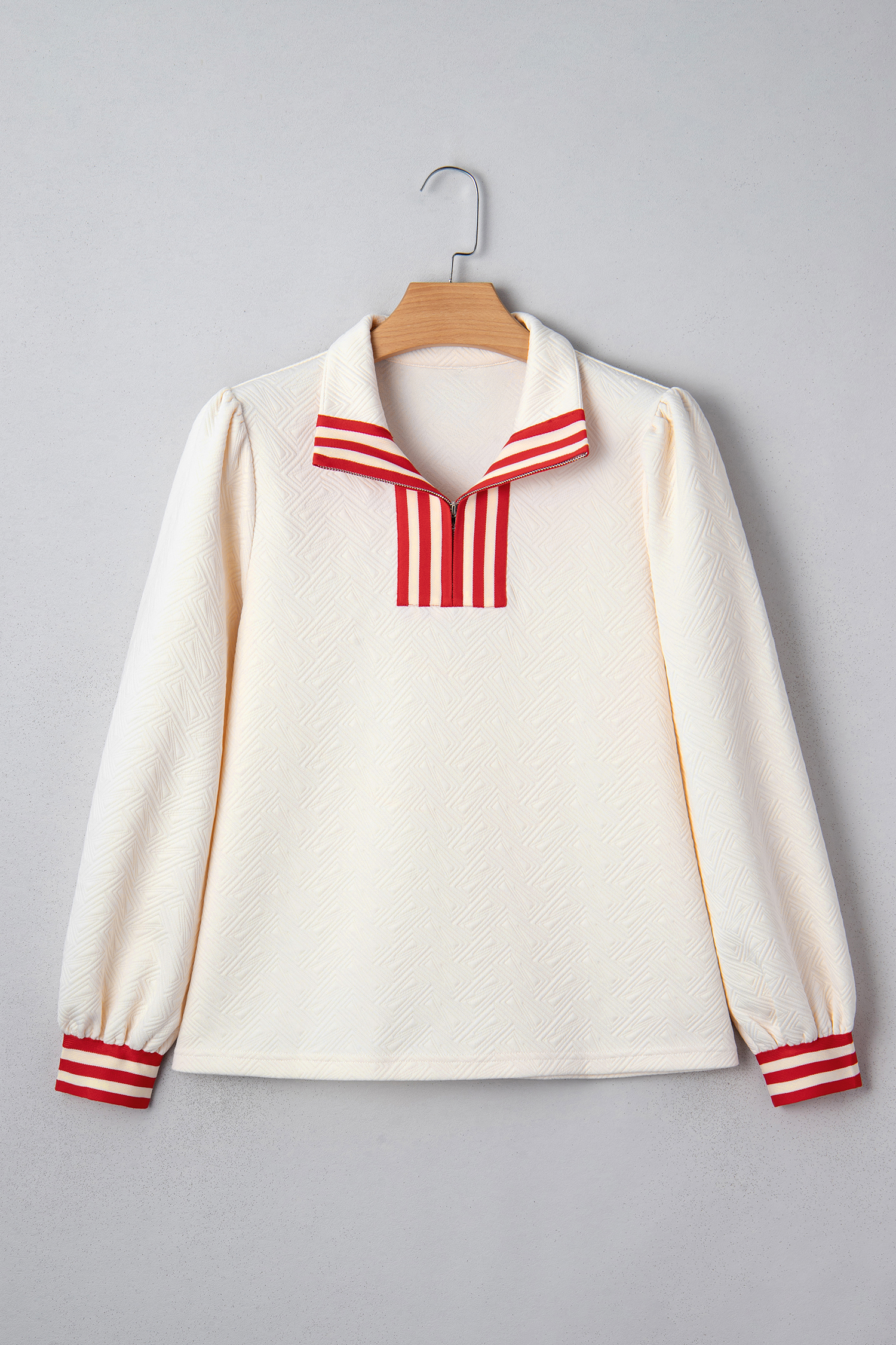 White Textured Knit Contrast Striped Accent Zipped Collar Pullover Top view 13