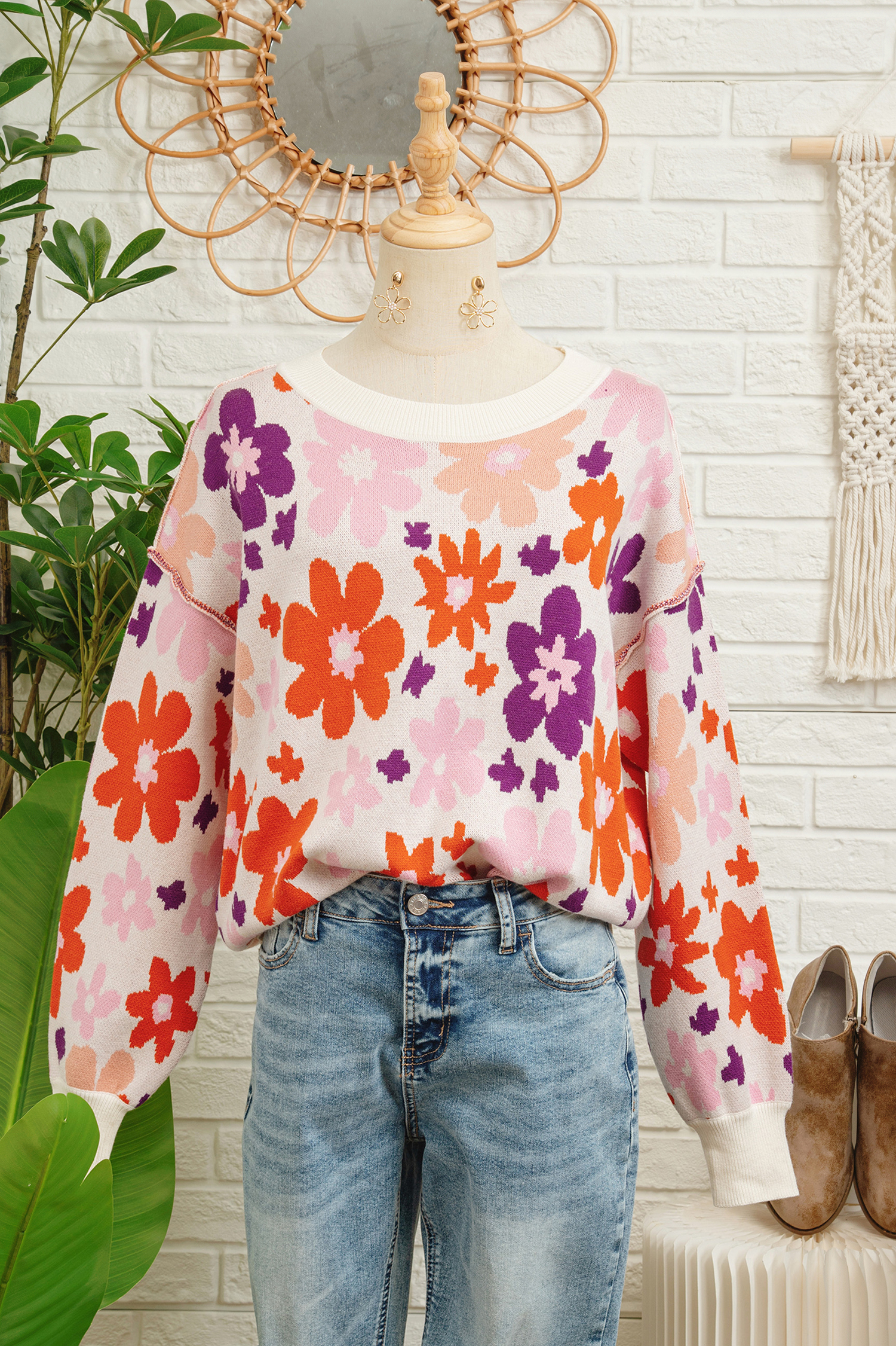 Khaki Fall Floral Pattern Drop Shoulder Sweater view 17