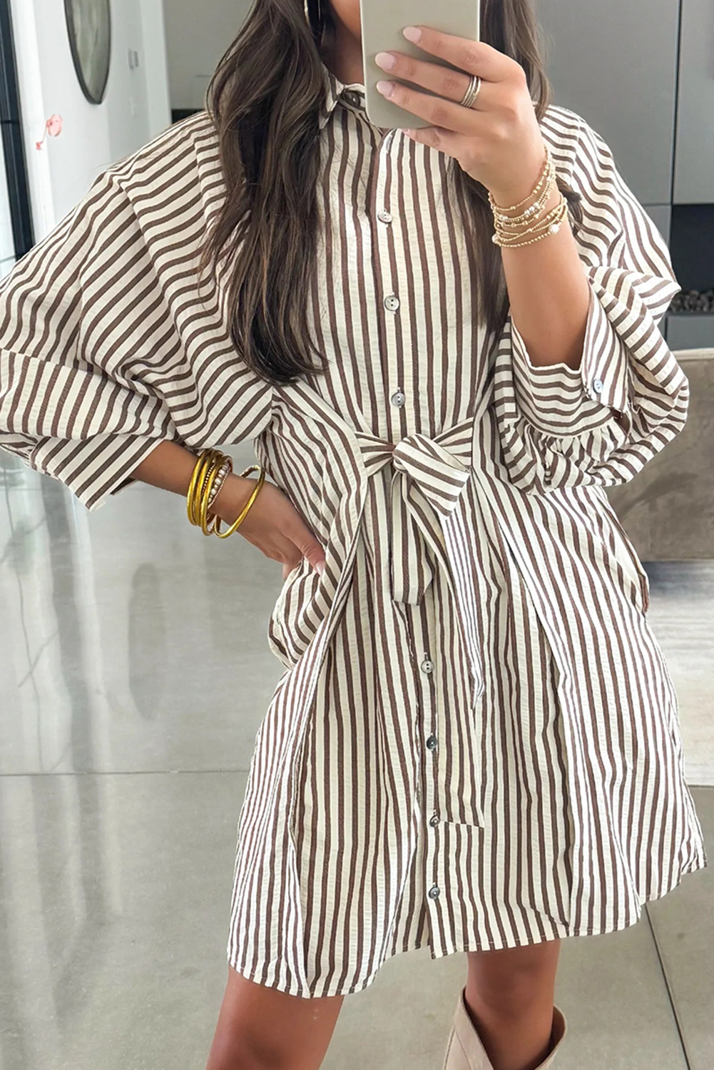 Brown Stripe Knot Waist Puff Sleeve Button Down Mini Shirt Dress view 9