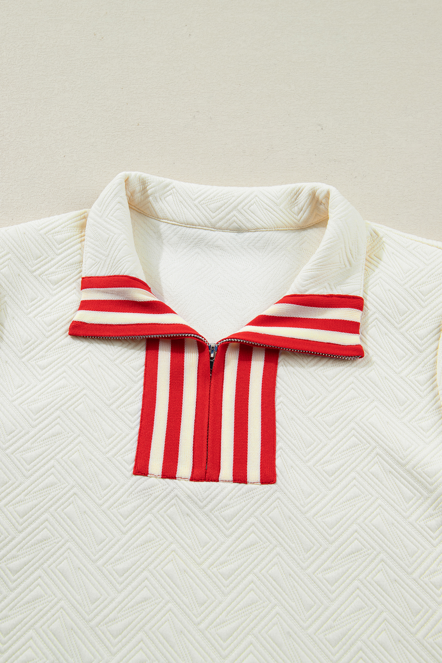 White Textured Knit Contrast Striped Accent Zipped Collar Pullover Top view 19