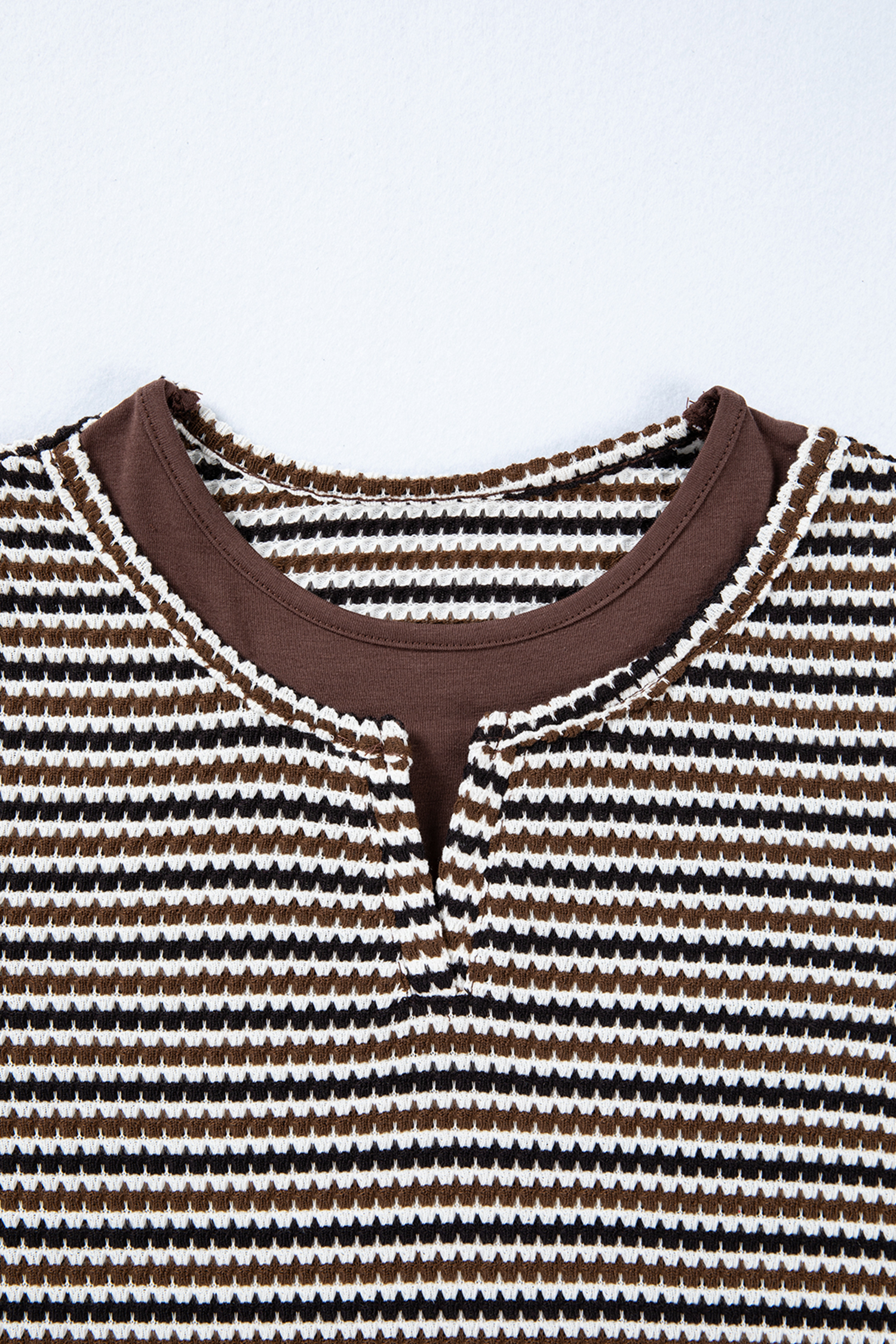 Brown Faux Two Piece Textured Striped Round Neck Long Sleeve T Shirt view 17