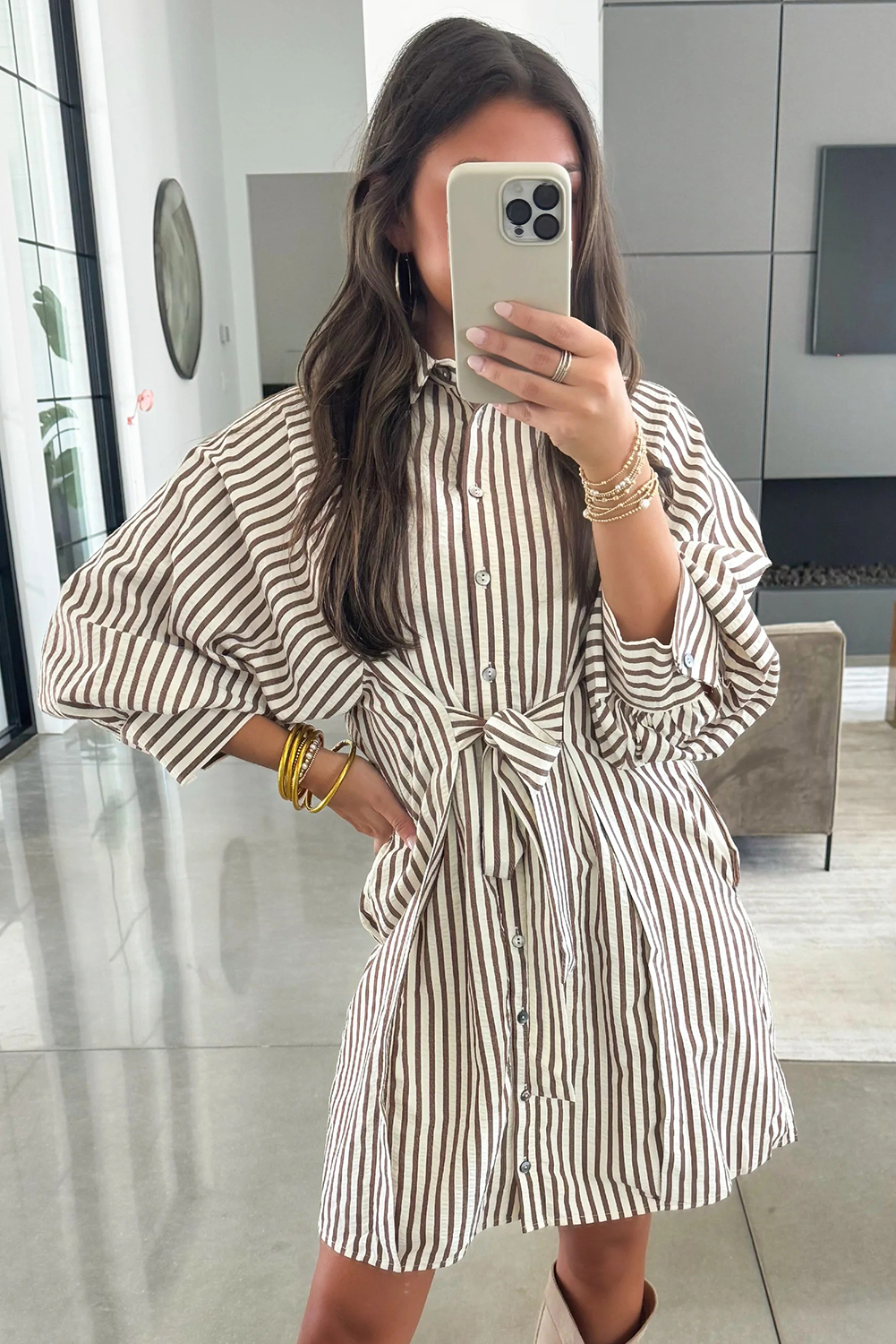 Brown Stripe Knot Waist Puff Sleeve Button Down Mini Shirt Dress view 13
