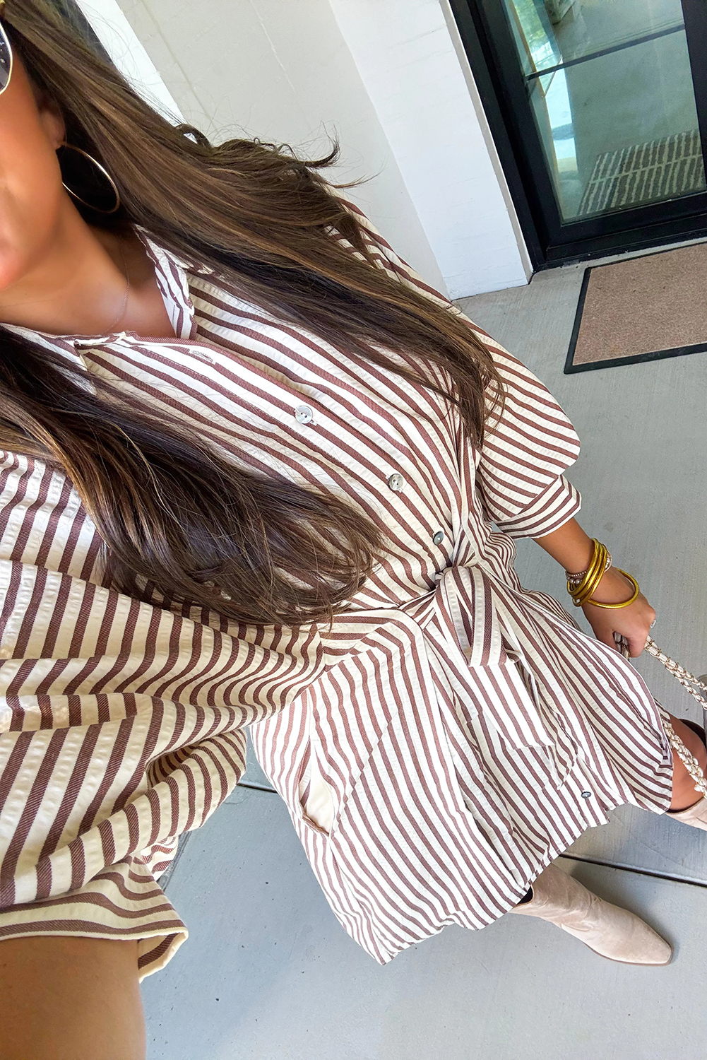 Brown Stripe Knot Waist Puff Sleeve Button Down Mini Shirt Dress view 12