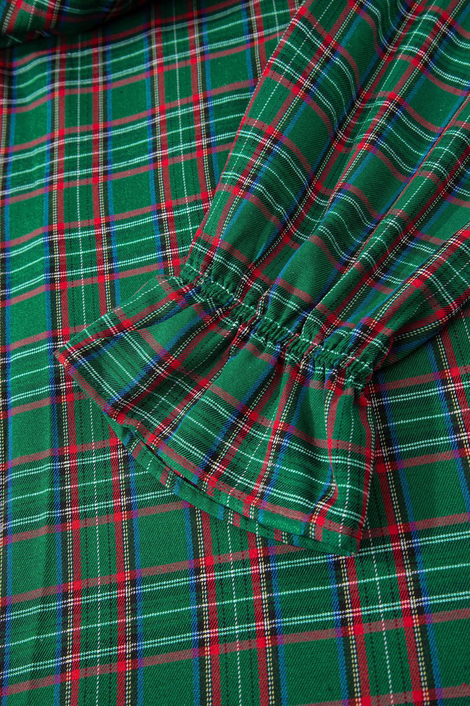 Green Tartan Plaid Square Neck Puff Sleeve Knot Waist Flared Midi Dress view 12