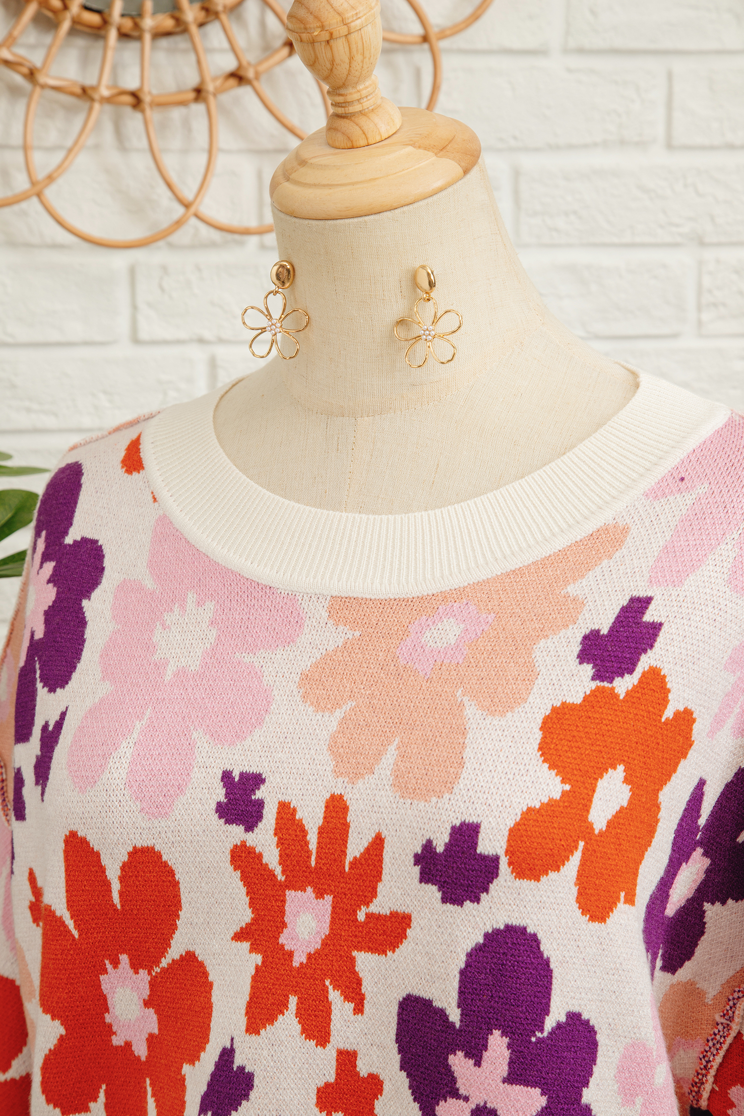Khaki Fall Floral Pattern Drop Shoulder Sweater view 21