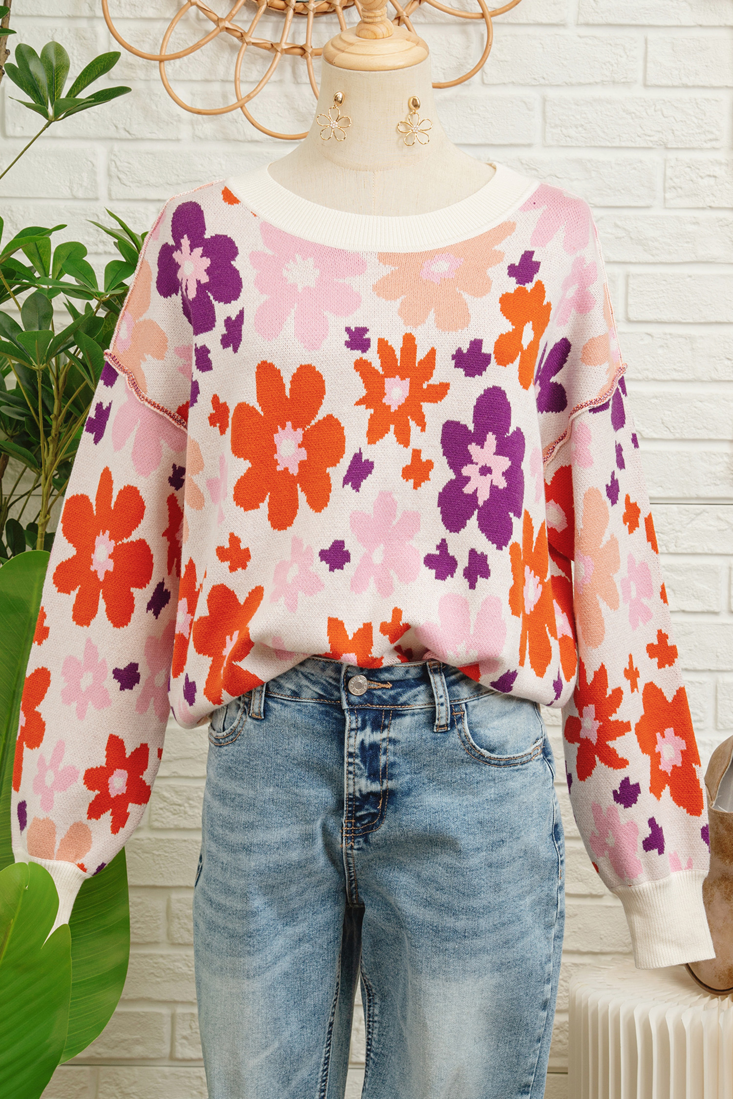Khaki Fall Floral Pattern Drop Shoulder Sweater view 15