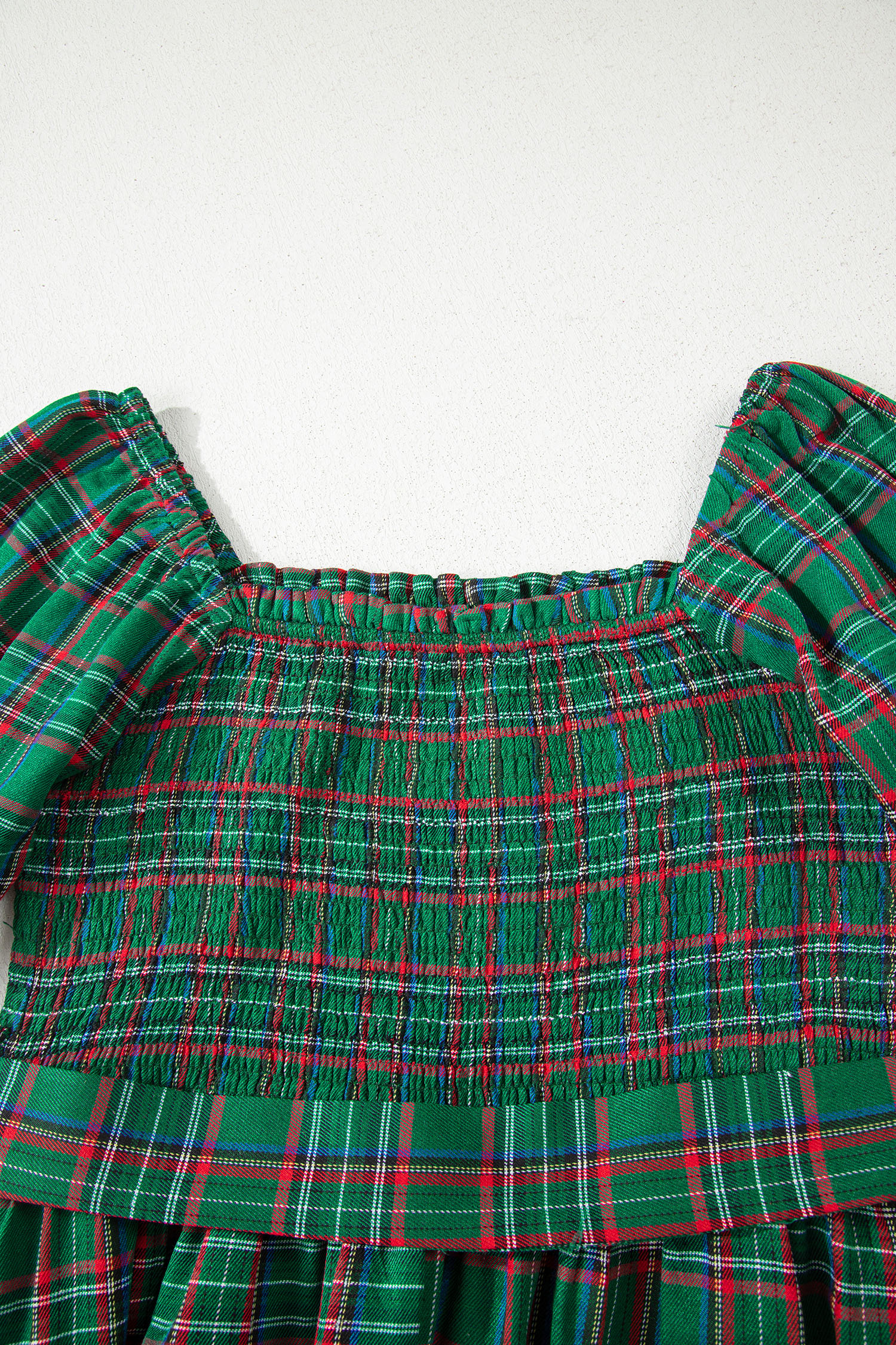 Green Tartan Plaid Square Neck Puff Sleeve Knot Waist Flared Midi Dress view 19