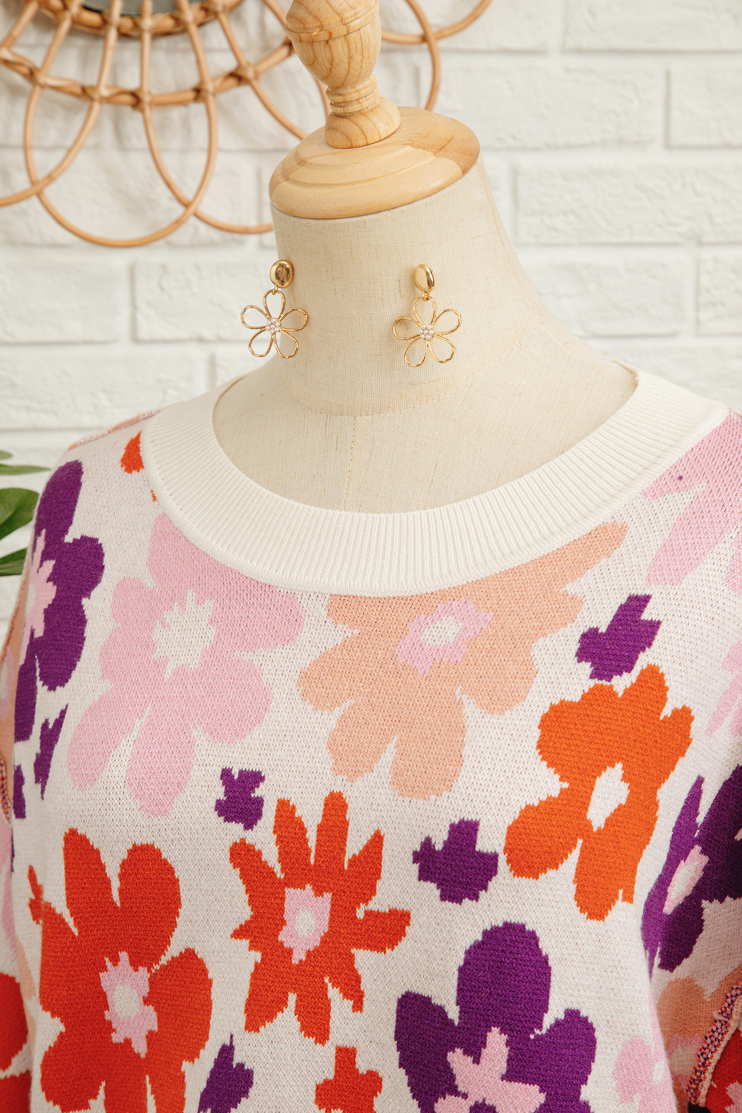 Khaki Fall Floral Pattern Drop Shoulder Sweater view 22