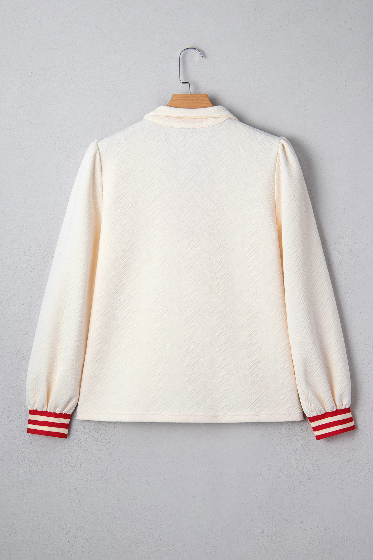 White Textured Knit Contrast Striped Accent Zipped Collar Pullover Top view 14