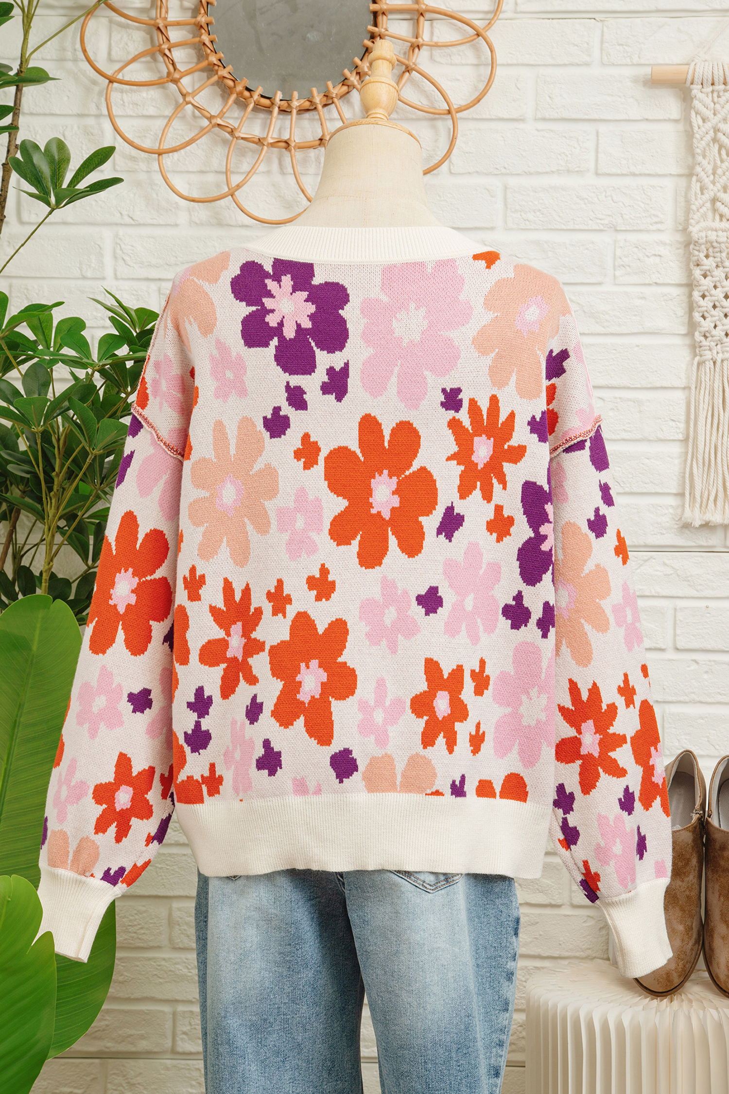 Khaki Fall Floral Pattern Drop Shoulder Sweater view 19