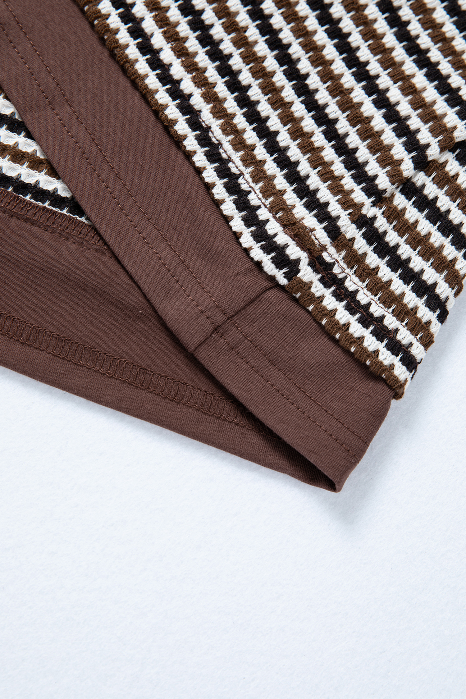 Brown Faux Two Piece Textured Striped Round Neck Long Sleeve T Shirt view 19