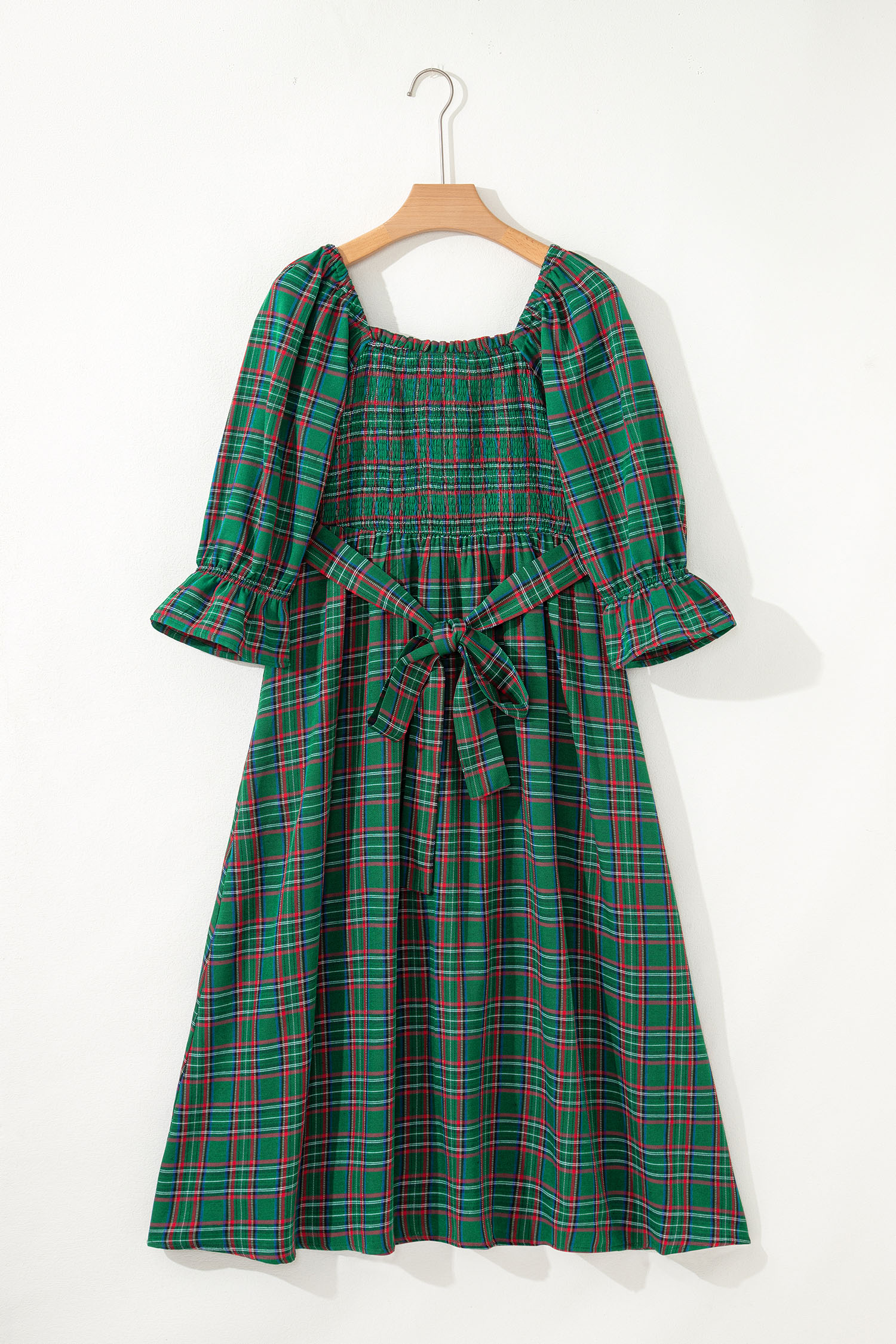 Green Tartan Plaid Square Neck Puff Sleeve Knot Waist Flared Midi Dress view 11