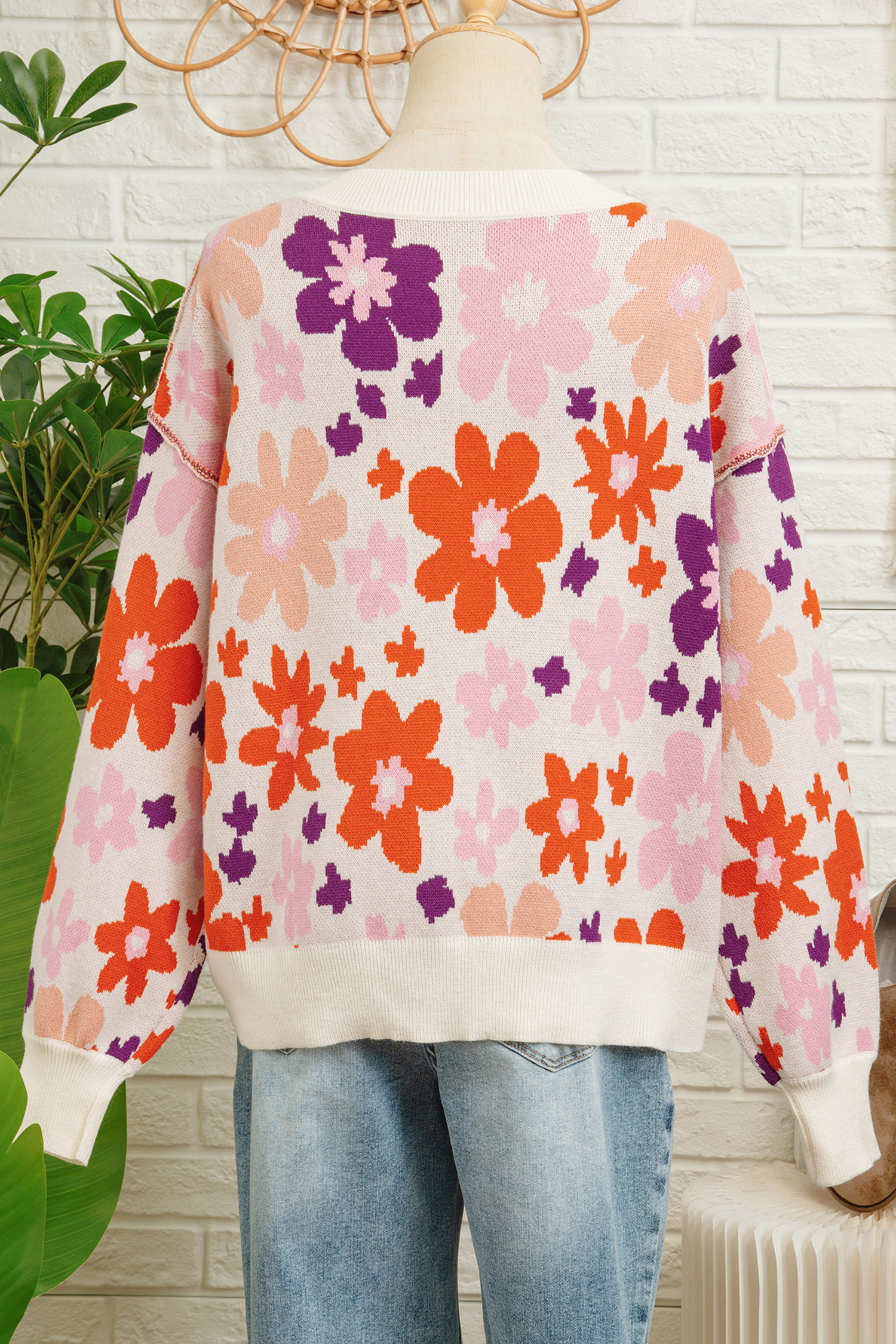 Khaki Fall Floral Pattern Drop Shoulder Sweater view 16