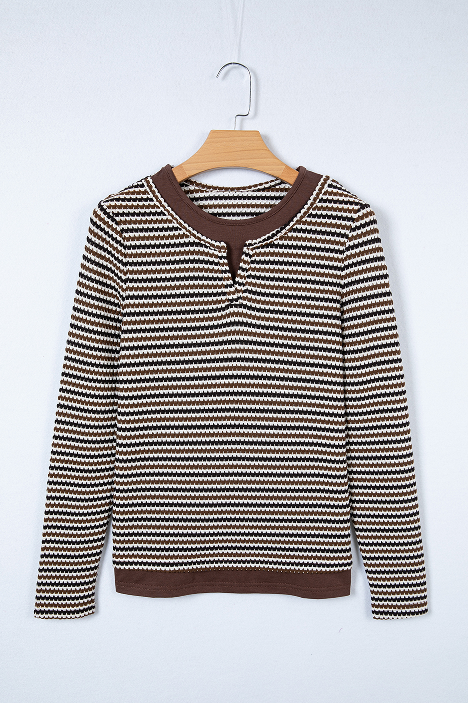 Brown Faux Two Piece Textured Striped Round Neck Long Sleeve T Shirt view 15