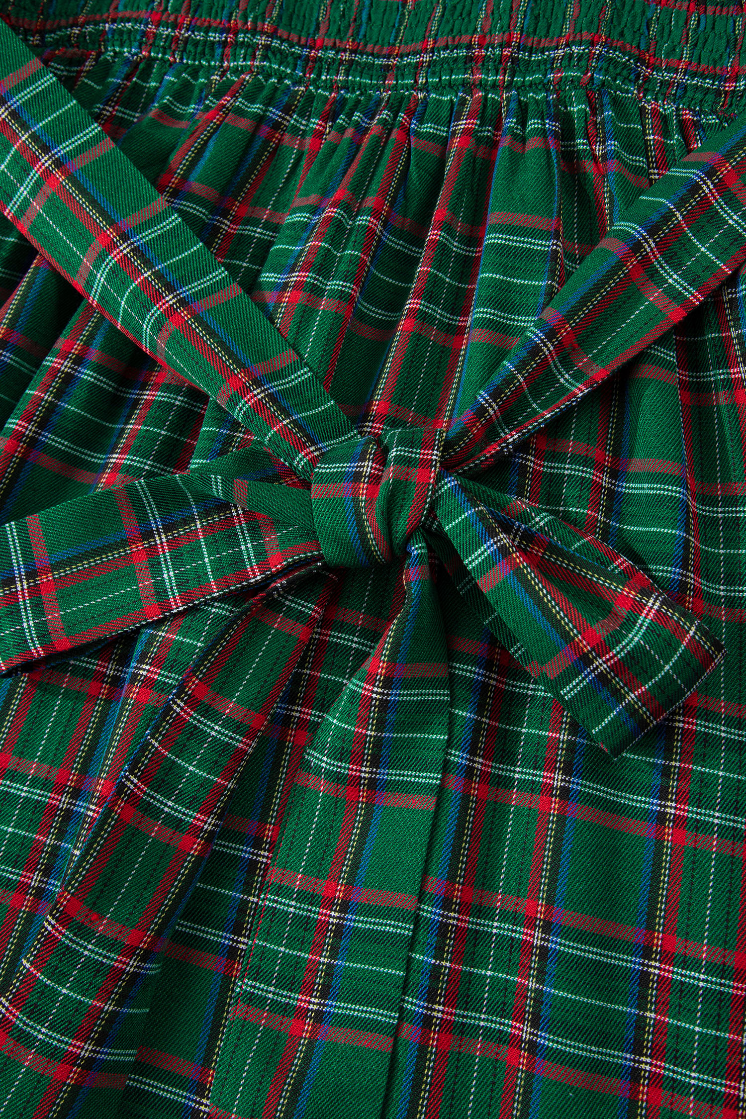 Green Tartan Plaid Square Neck Puff Sleeve Knot Waist Flared Midi Dress view 16