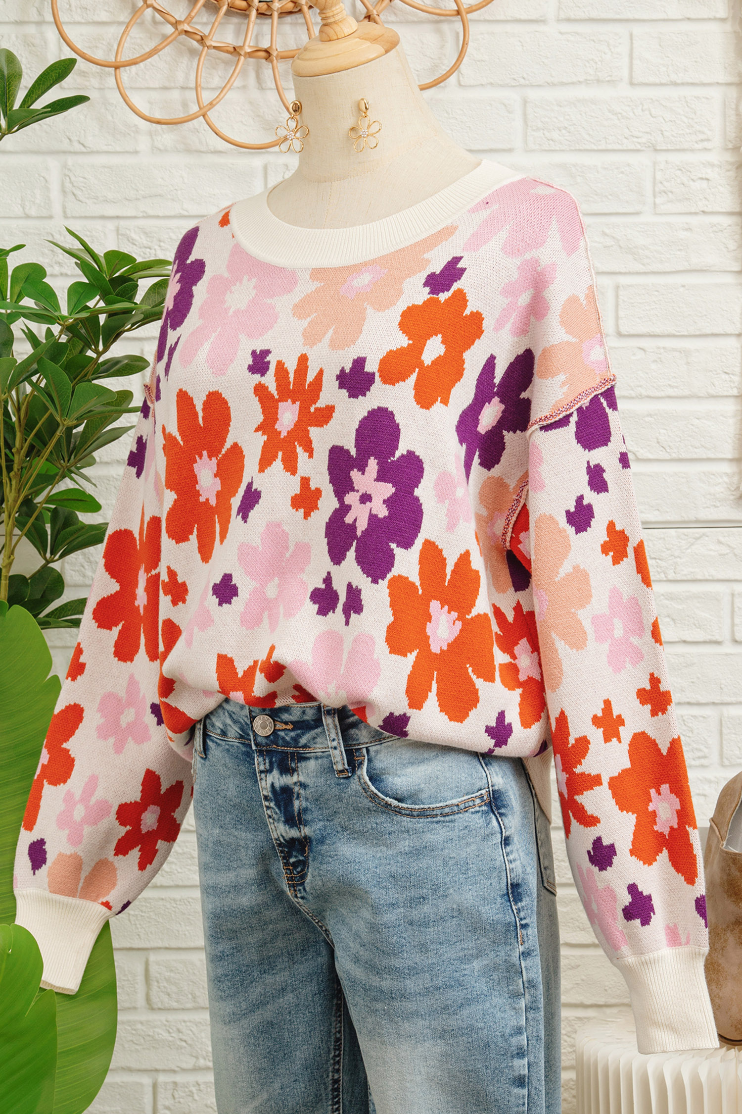 Khaki Fall Floral Pattern Drop Shoulder Sweater view 18