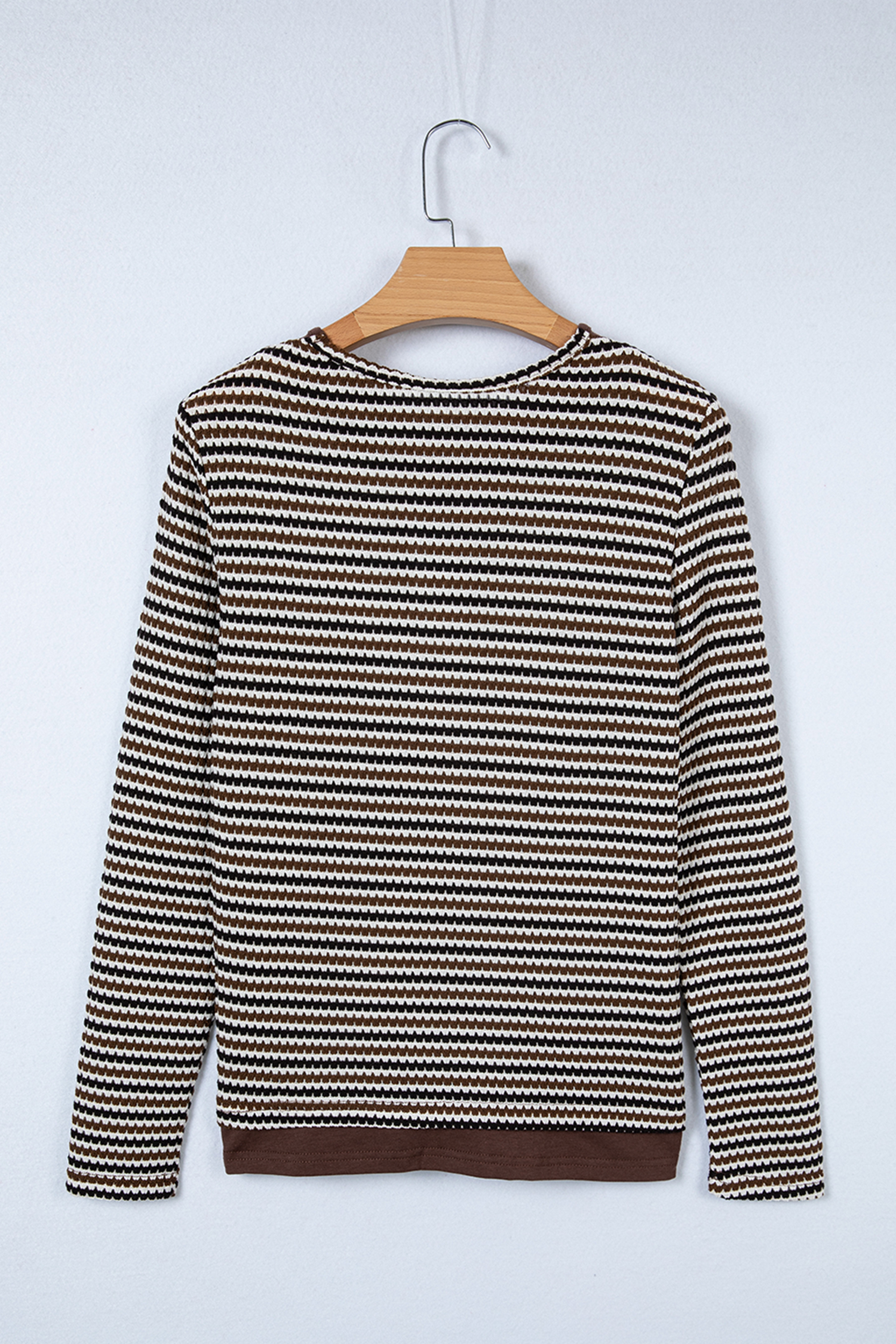 Brown Faux Two Piece Textured Striped Round Neck Long Sleeve T Shirt view 16