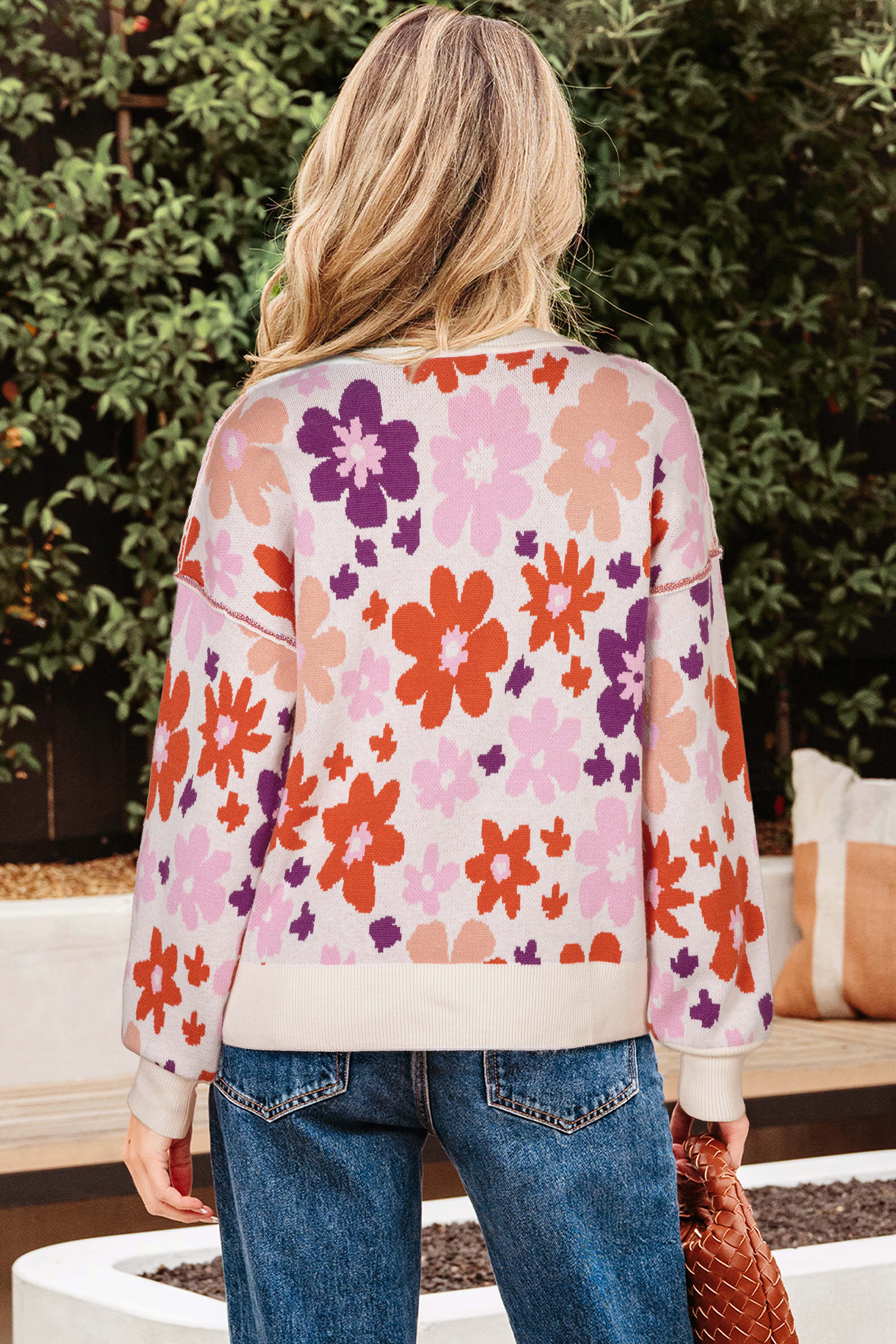 Khaki Fall Floral Pattern Drop Shoulder Sweater view 4