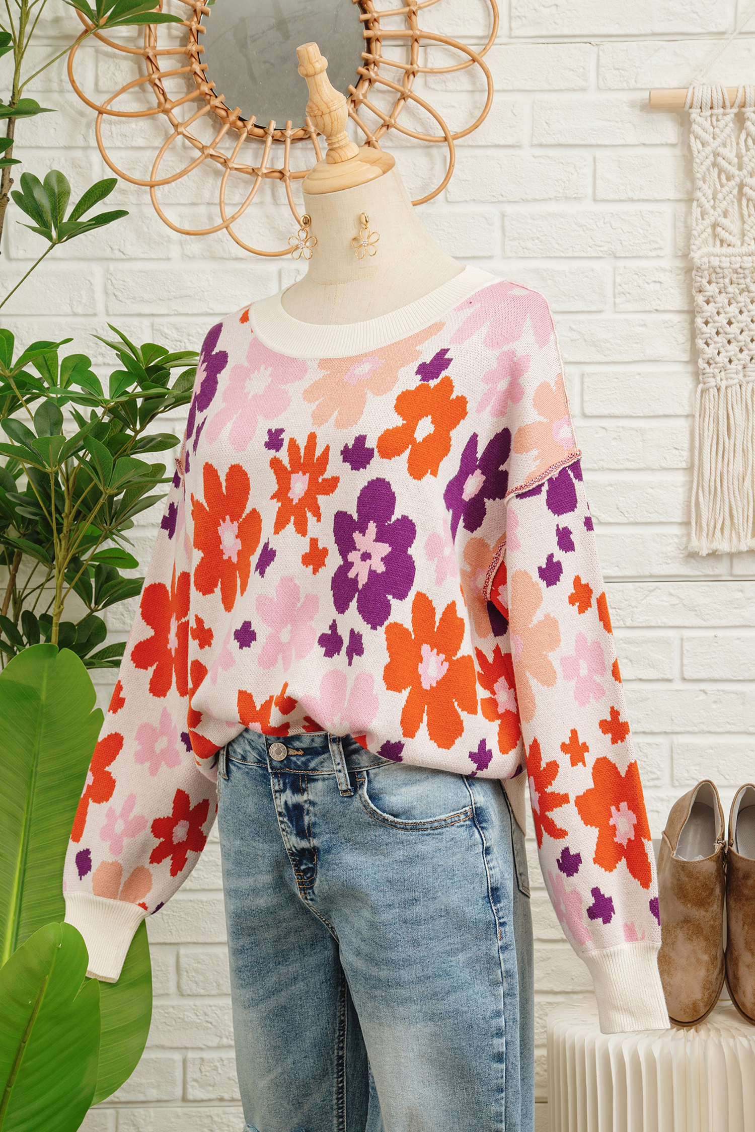 Khaki Fall Floral Pattern Drop Shoulder Sweater view 20