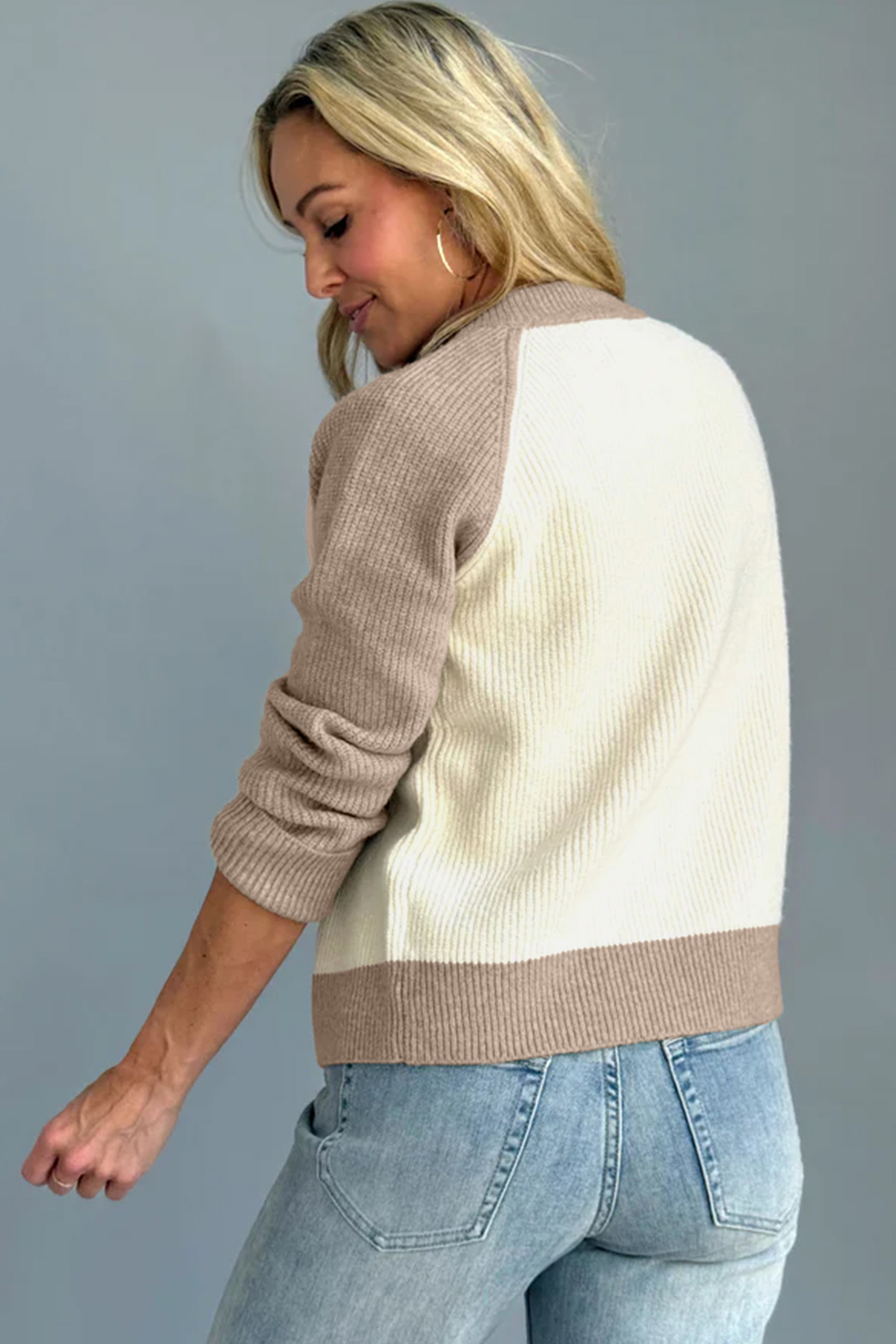 White Color Block Ribbed Knit Button Down Sweater Cardigan view 9