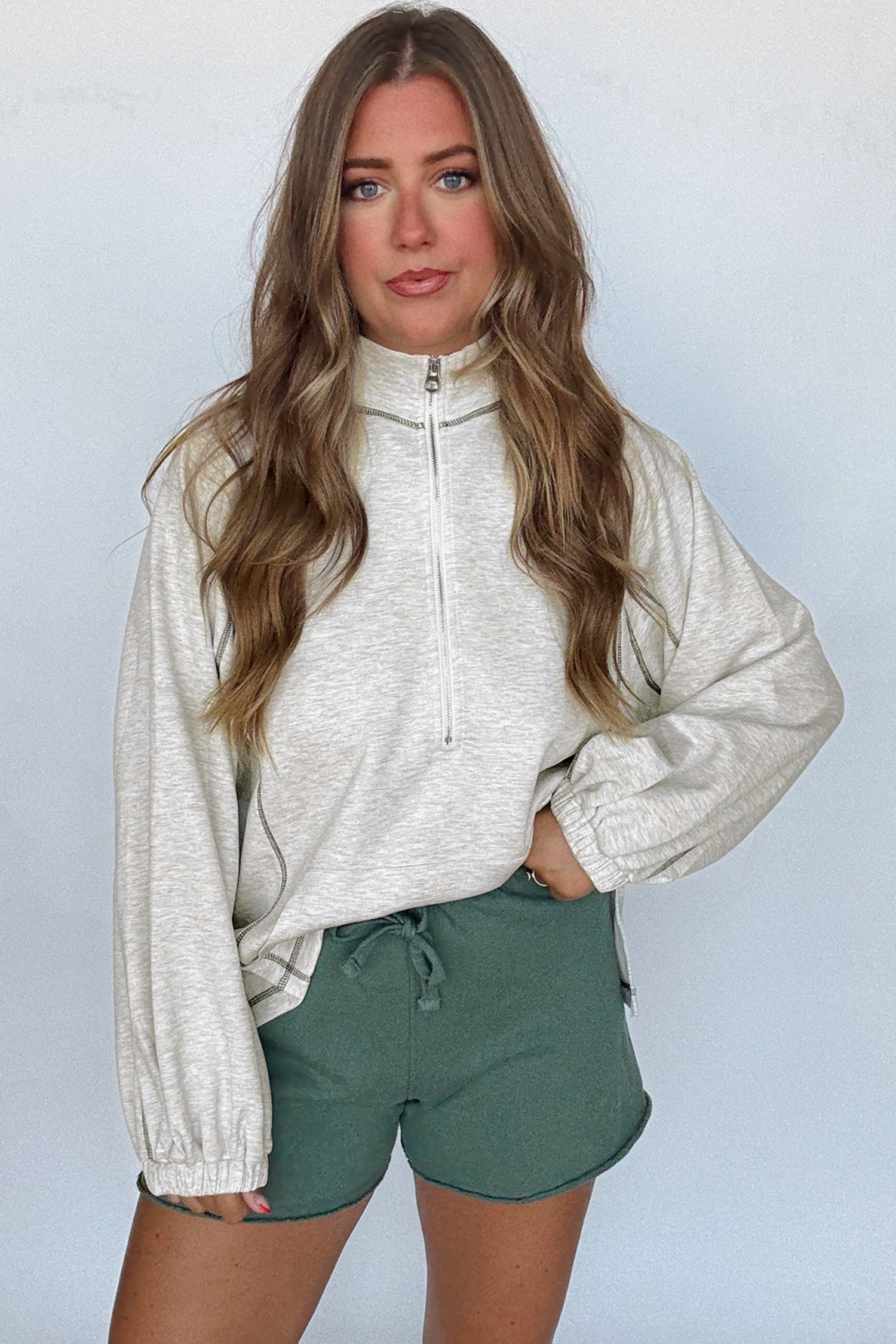 Light Grey Half Zip Stand Neck Seam Detail Long Sleeve Top view 3
