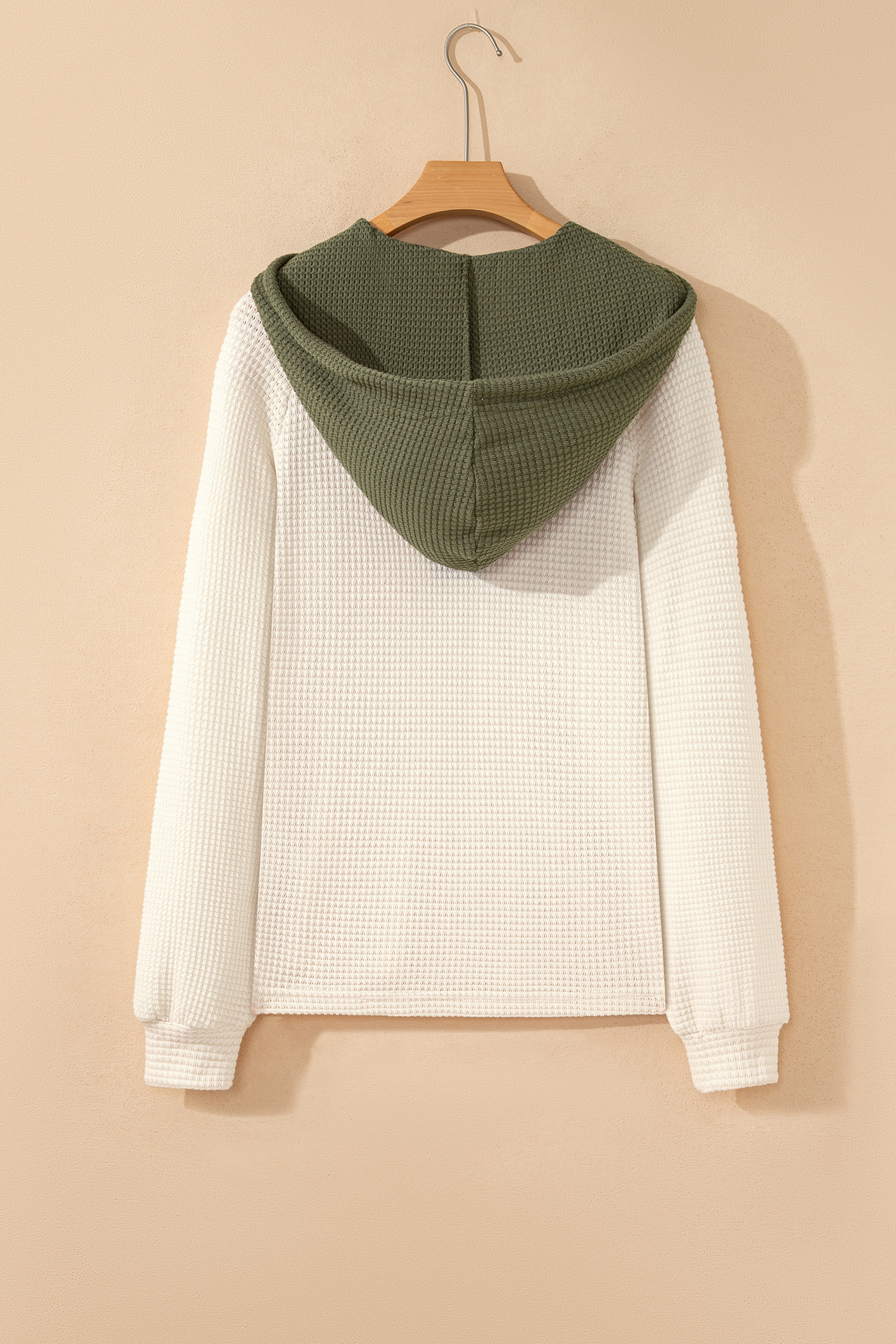 White Waffle Contrast Half Buttoned Hooded Pullover Top view 5