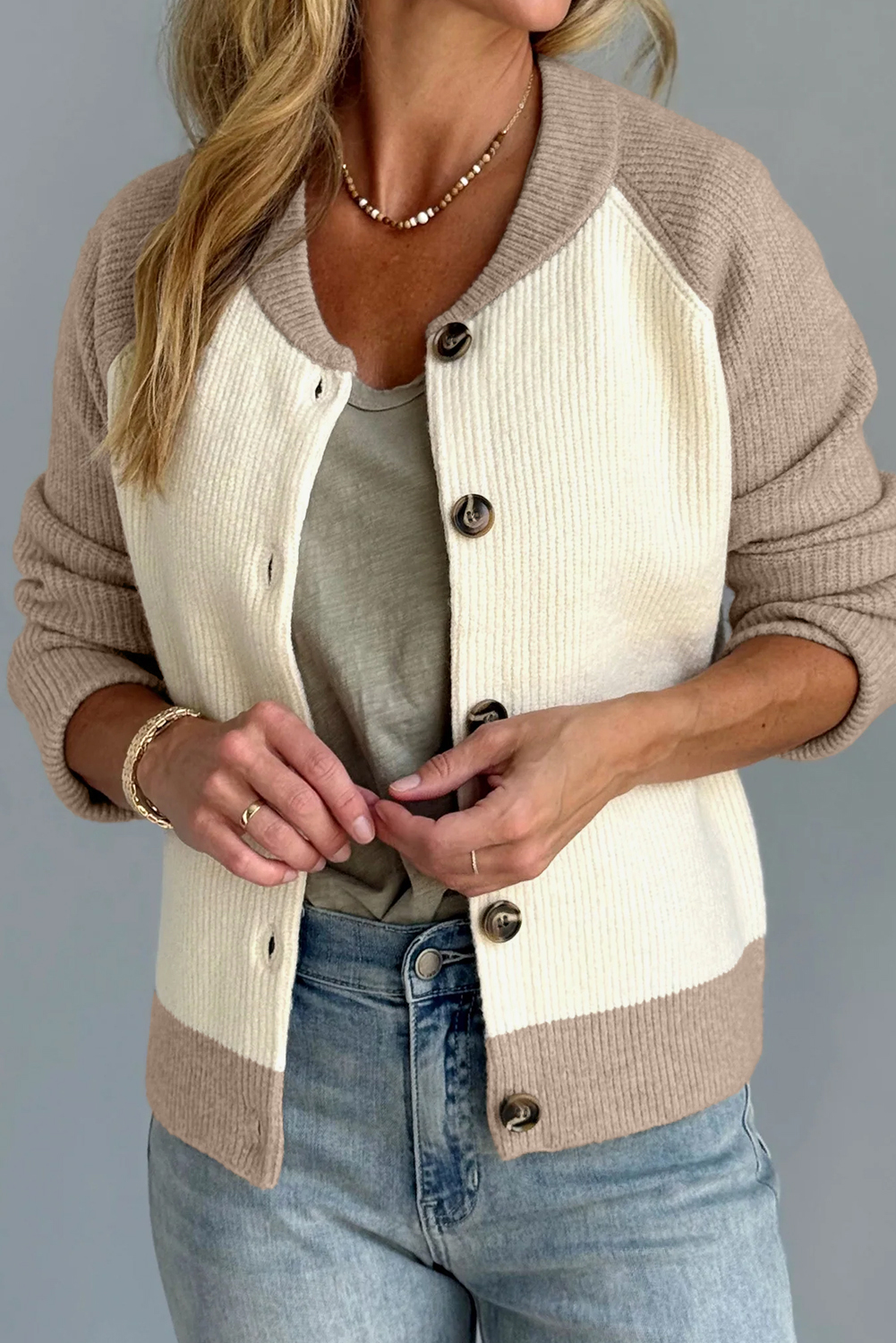 White Color Block Ribbed Knit Button Down Sweater Cardigan view 8