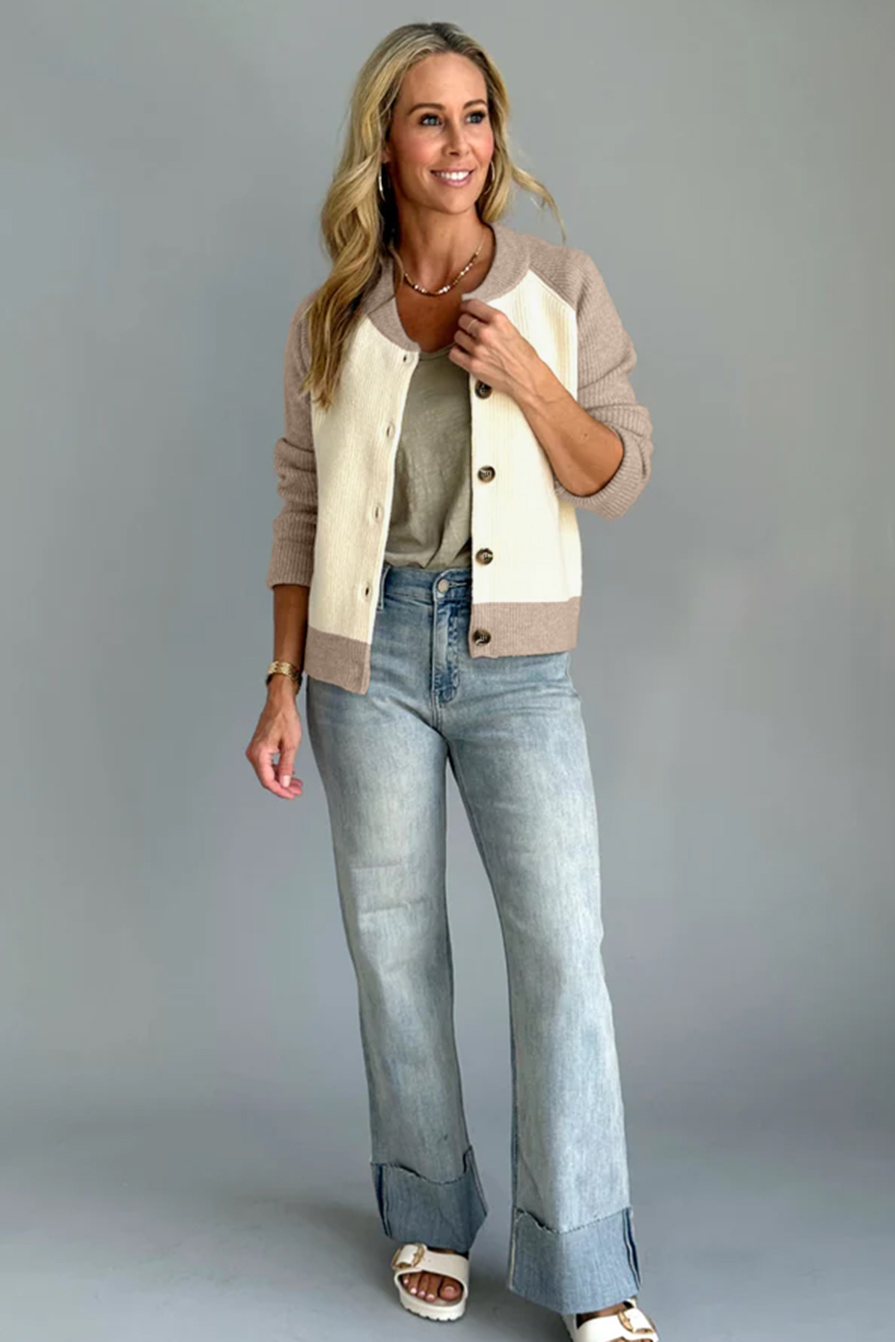 White Color Block Ribbed Knit Button Down Sweater Cardigan view 12