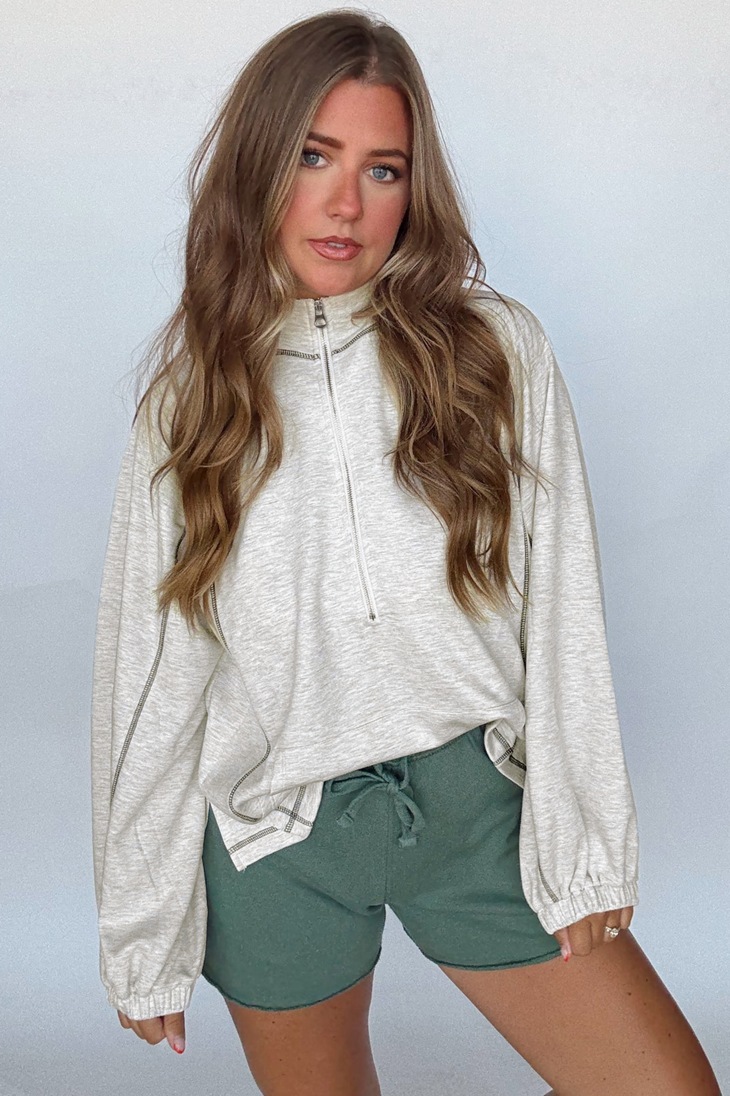 Light Grey Half Zip Stand Neck Seam Detail Long Sleeve Top view 4