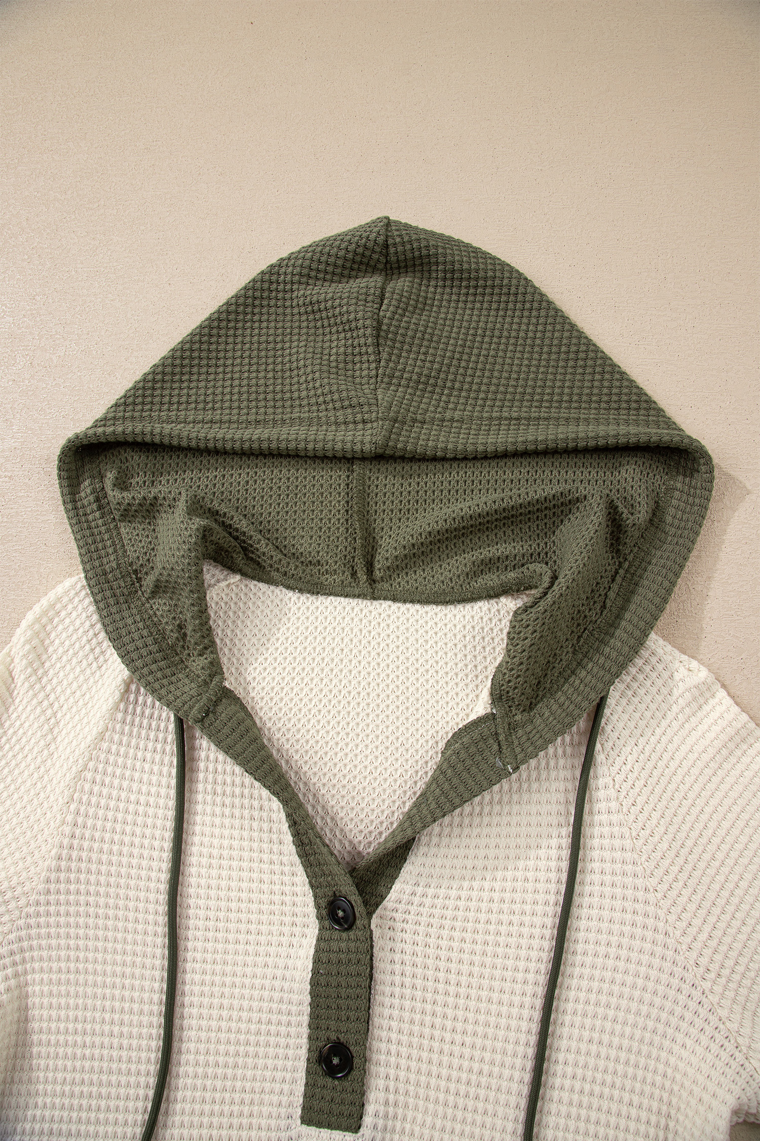 White Waffle Contrast Half Buttoned Hooded Pullover Top view 6