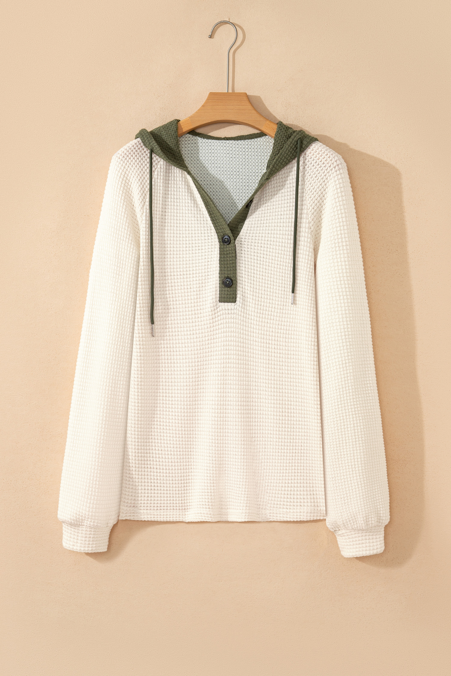 White Waffle Contrast Half Buttoned Hooded Pullover Top view 4