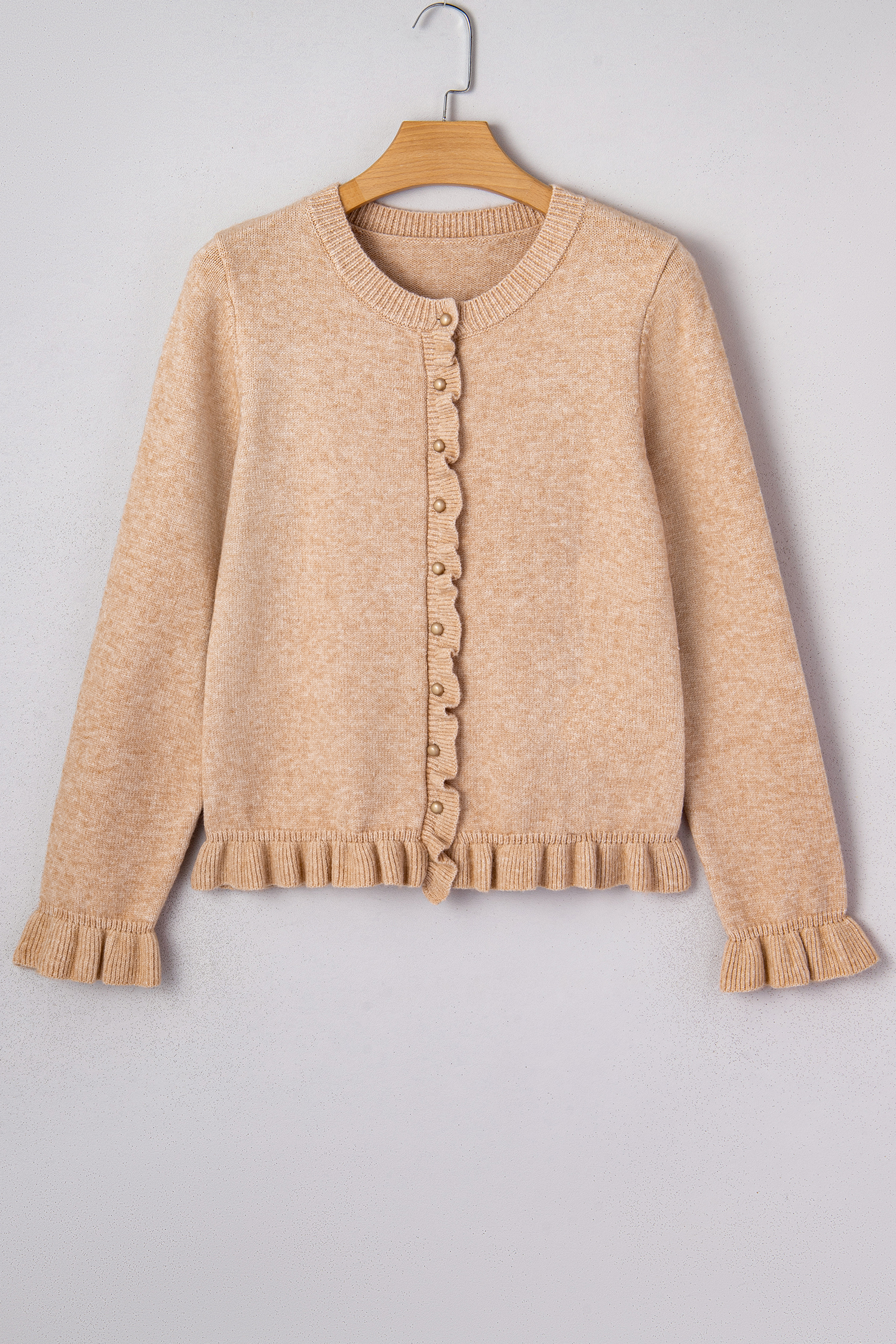 Oatmeal Ruffle Trim Gold Button Sweater Cardigan view 13