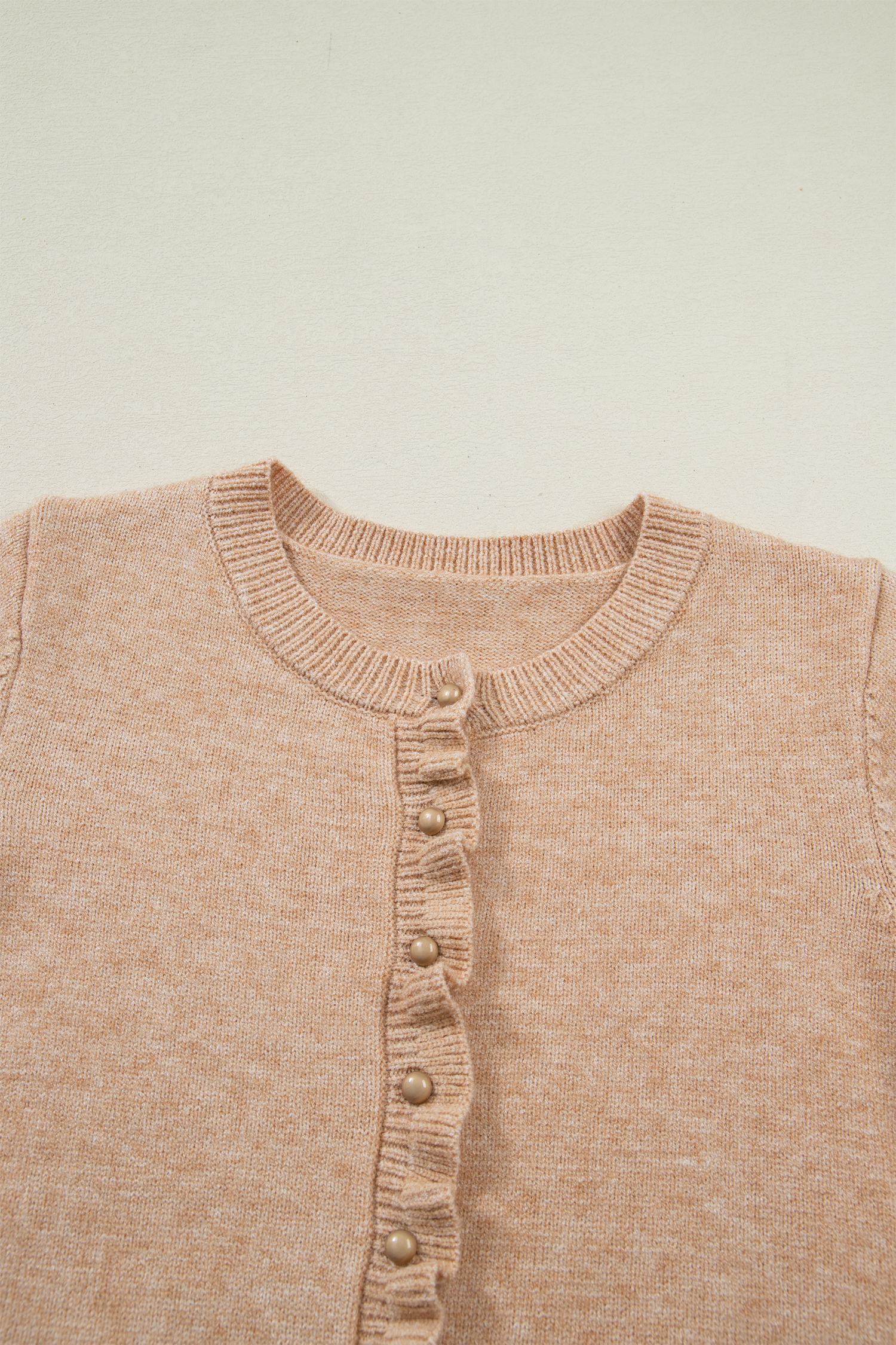 Oatmeal Ruffle Trim Gold Button Sweater Cardigan view 15