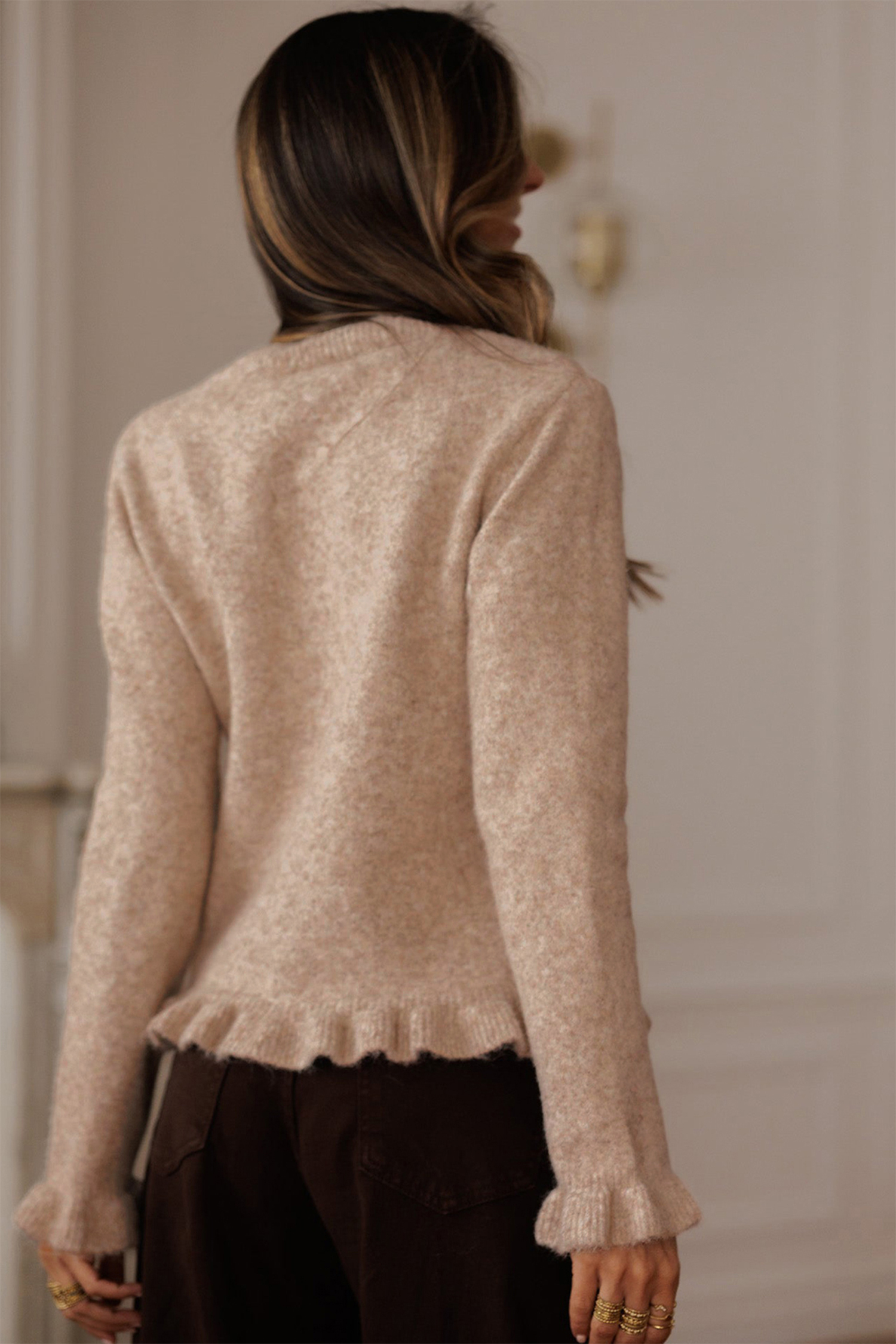 Oatmeal Ruffle Trim Gold Button Sweater Cardigan view 9