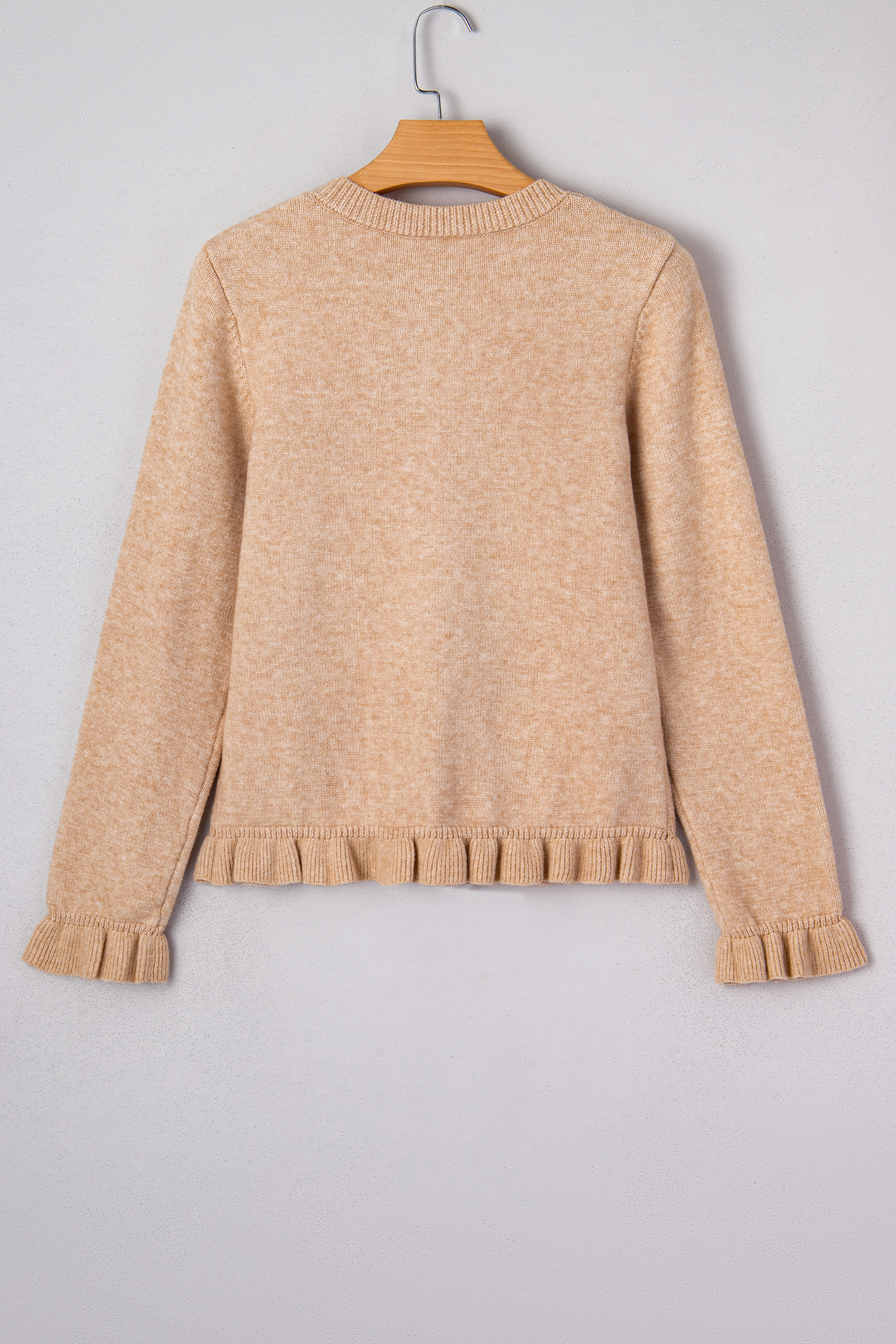 Oatmeal Ruffle Trim Gold Button Sweater Cardigan view 14