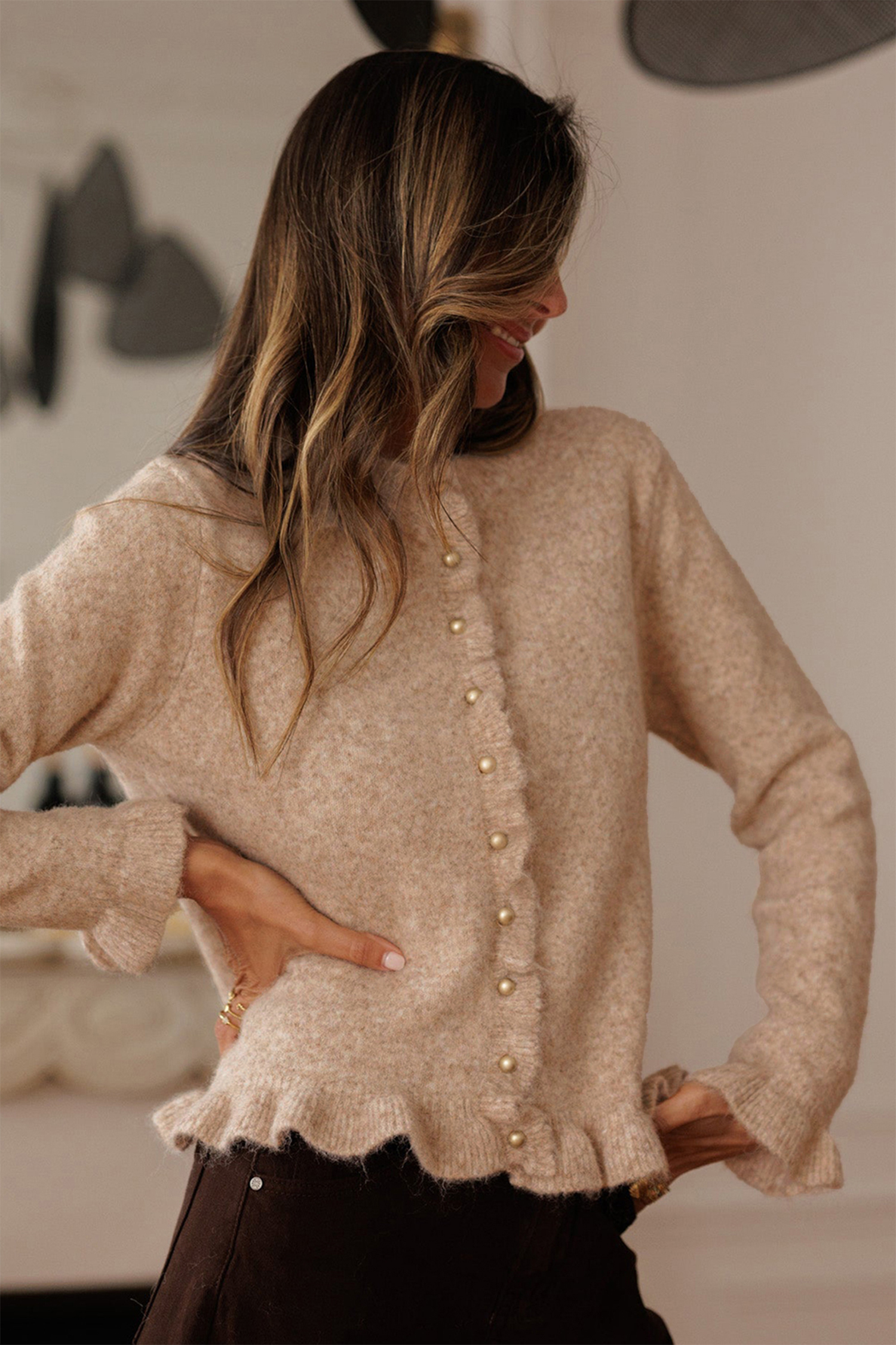 Oatmeal Ruffle Trim Gold Button Sweater Cardigan view 11
