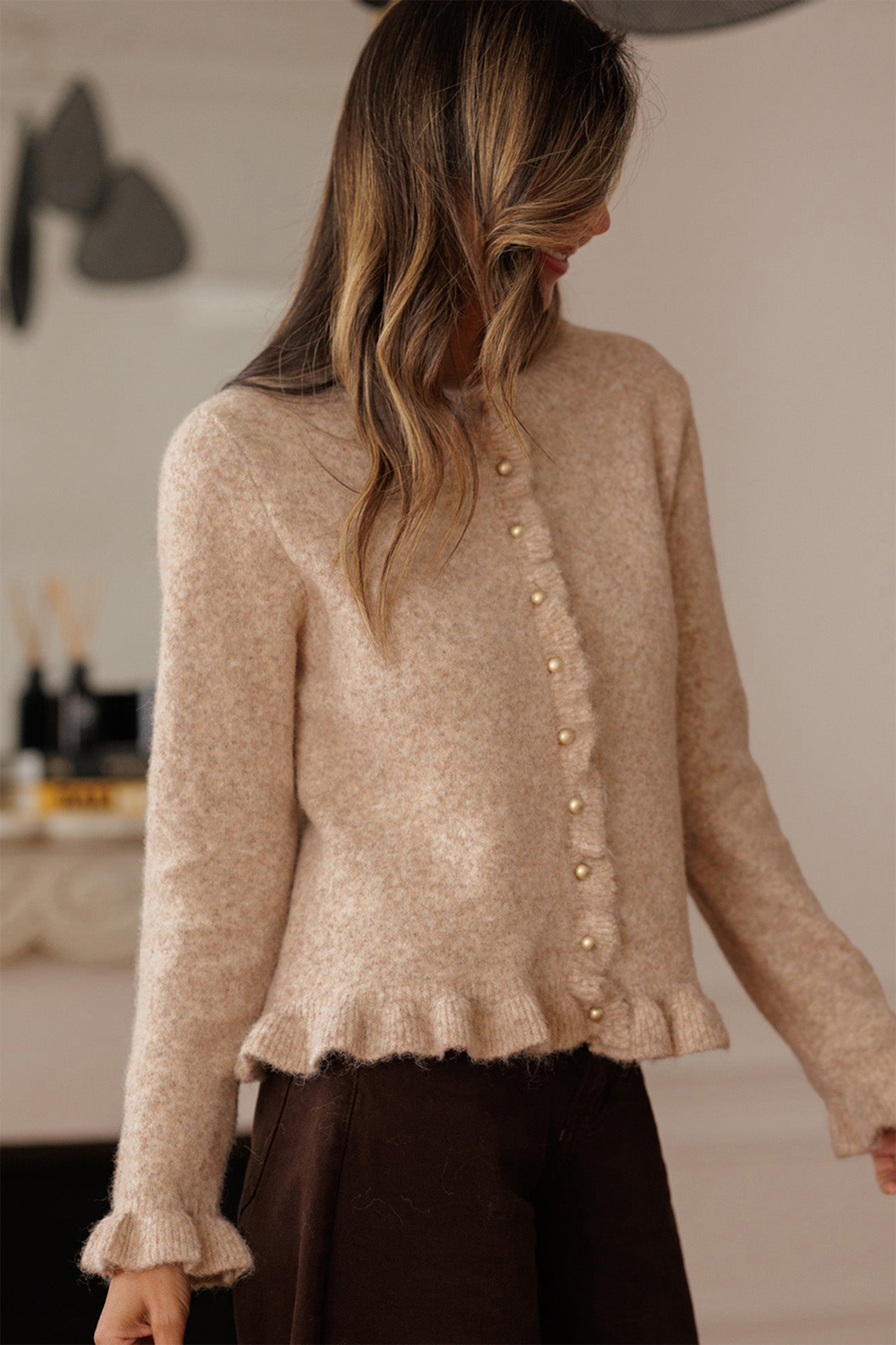 Oatmeal Ruffle Trim Gold Button Sweater Cardigan view 12