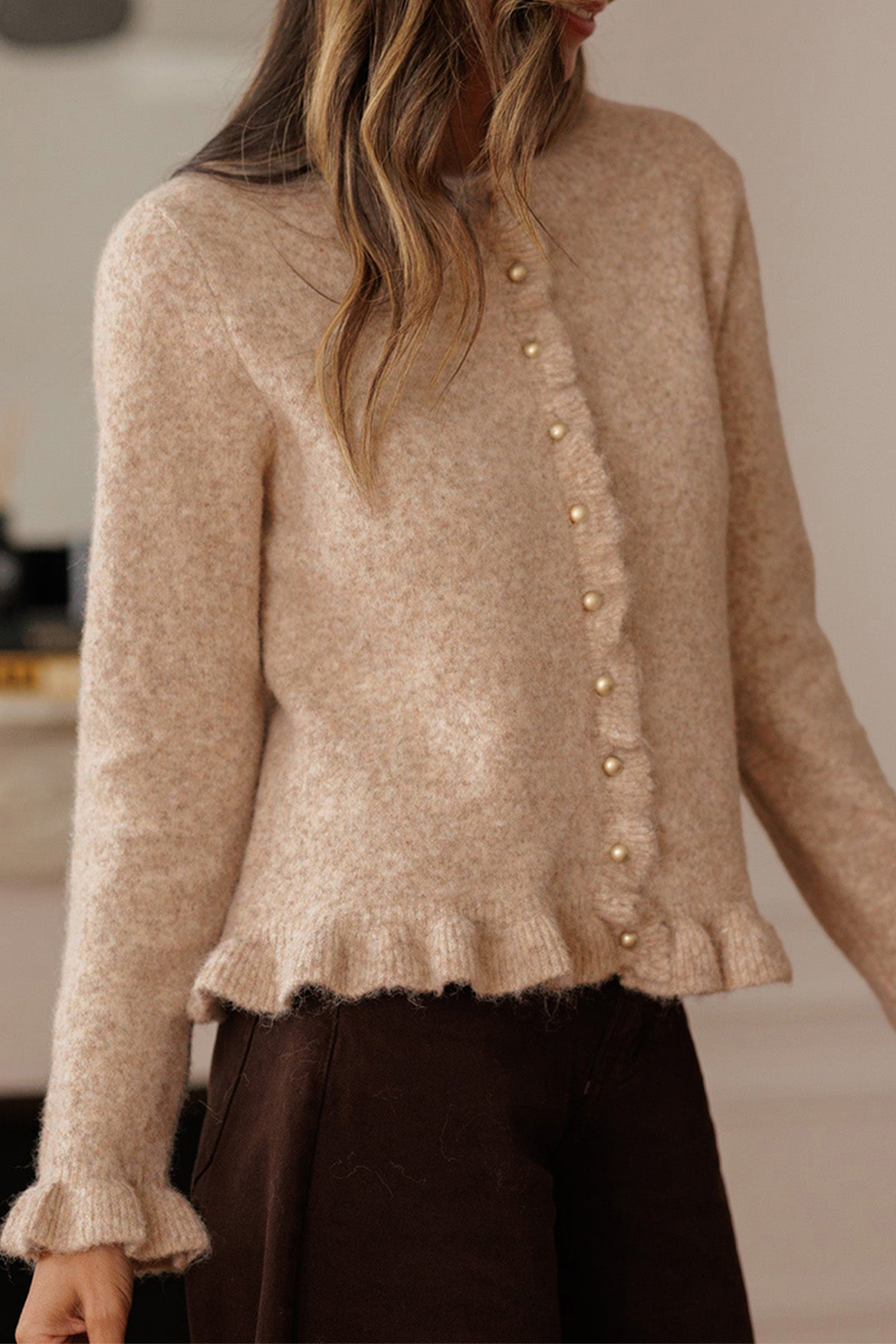 Oatmeal Ruffle Trim Gold Button Sweater Cardigan view 8