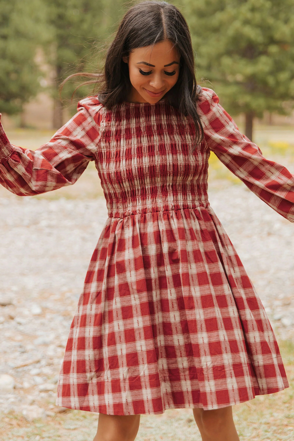 Red Plaid Print Smocked Puff Sleeve Mini Dress view 13
