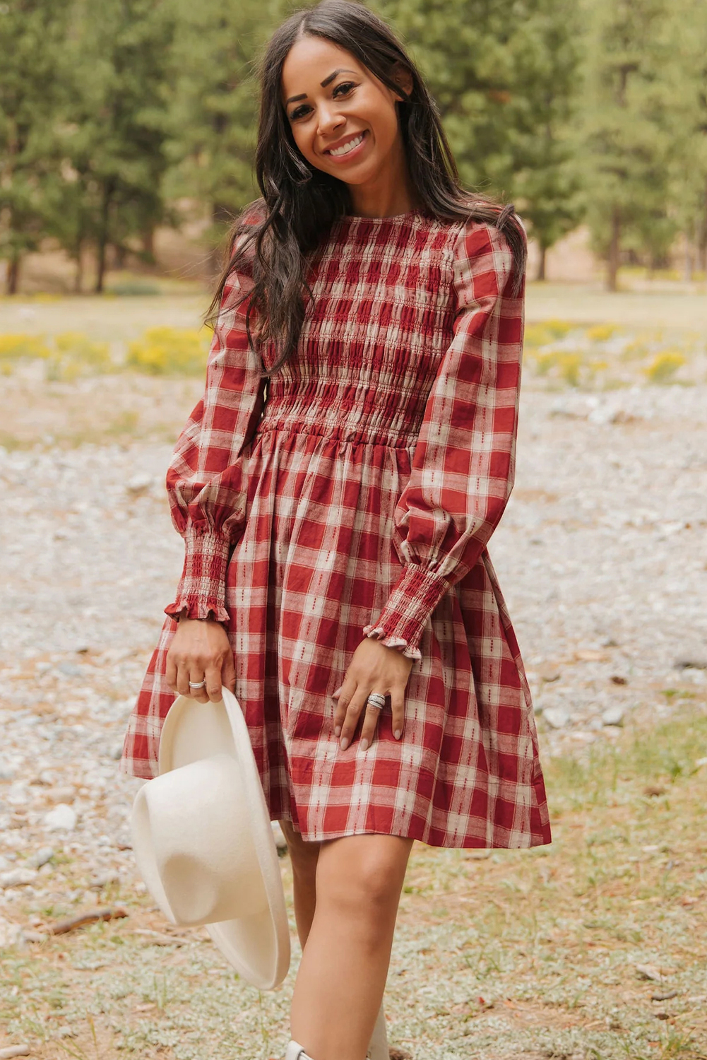 Red Plaid Print Smocked Puff Sleeve Mini Dress view 14