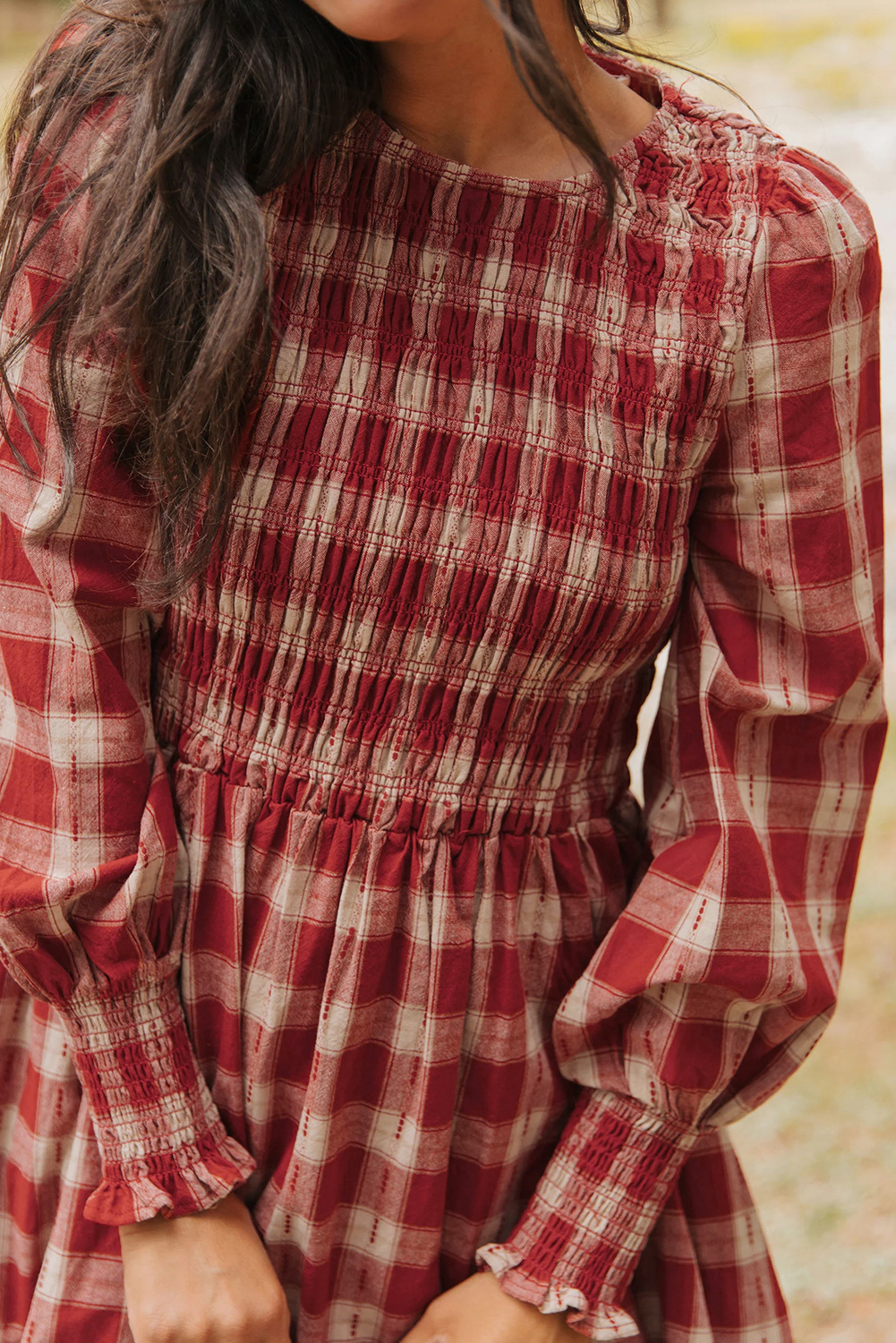 Red Plaid Print Smocked Puff Sleeve Mini Dress view 11