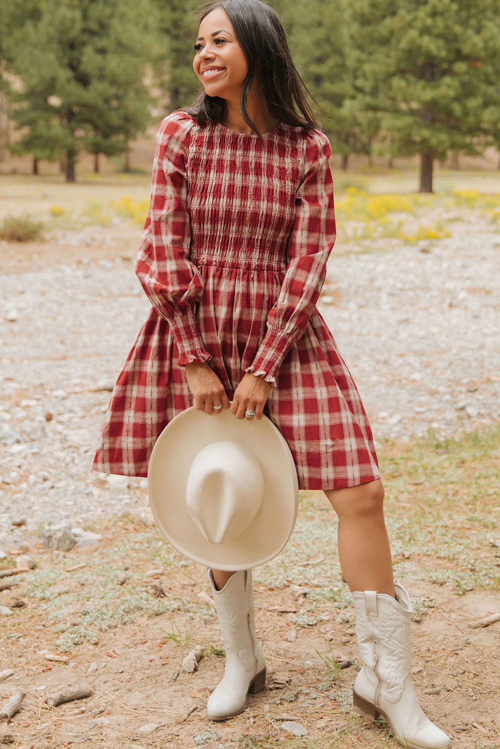 Red Plaid Print Smocked Puff Sleeve Mini Dress view 10