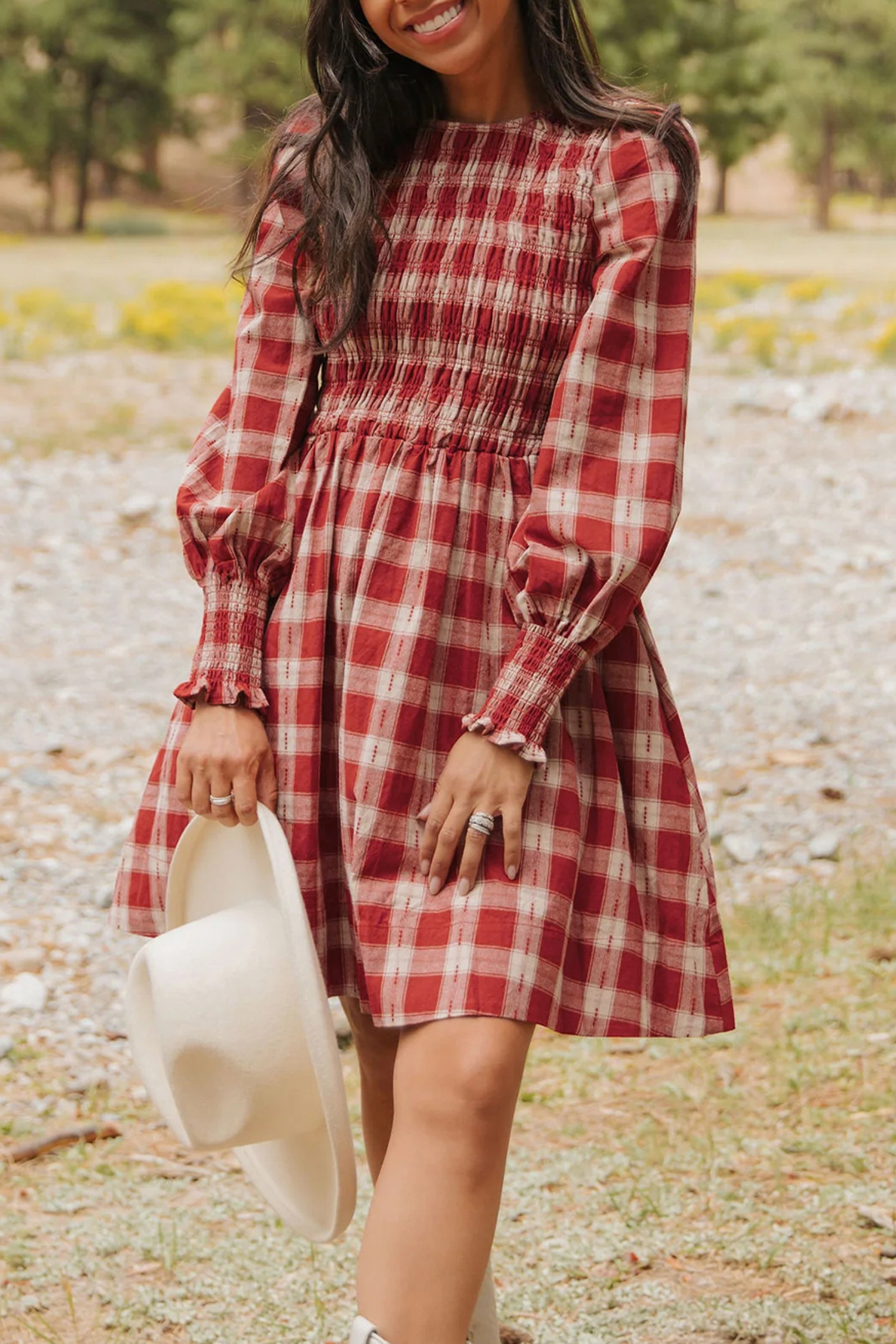 Red Plaid Print Smocked Puff Sleeve Mini Dress view 8