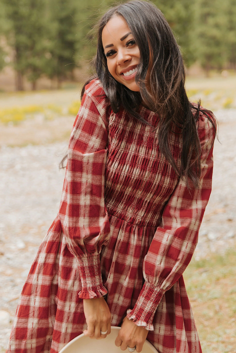 Red Plaid Print Smocked Puff Sleeve Mini Dress view 12