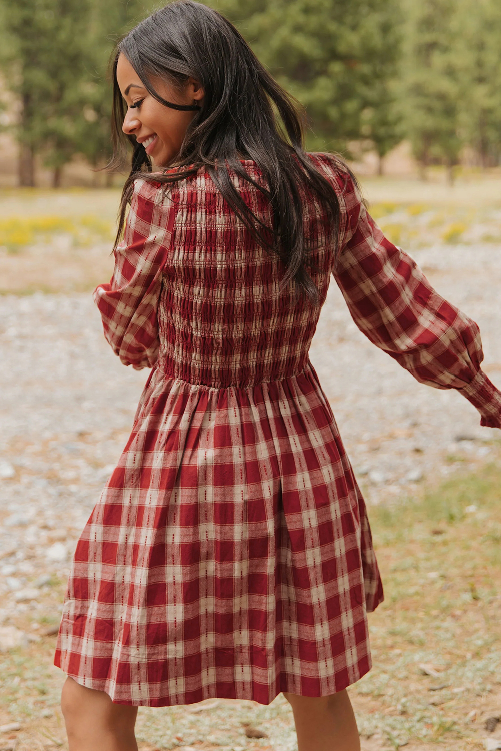 Red Plaid Print Smocked Puff Sleeve Mini Dress view 9