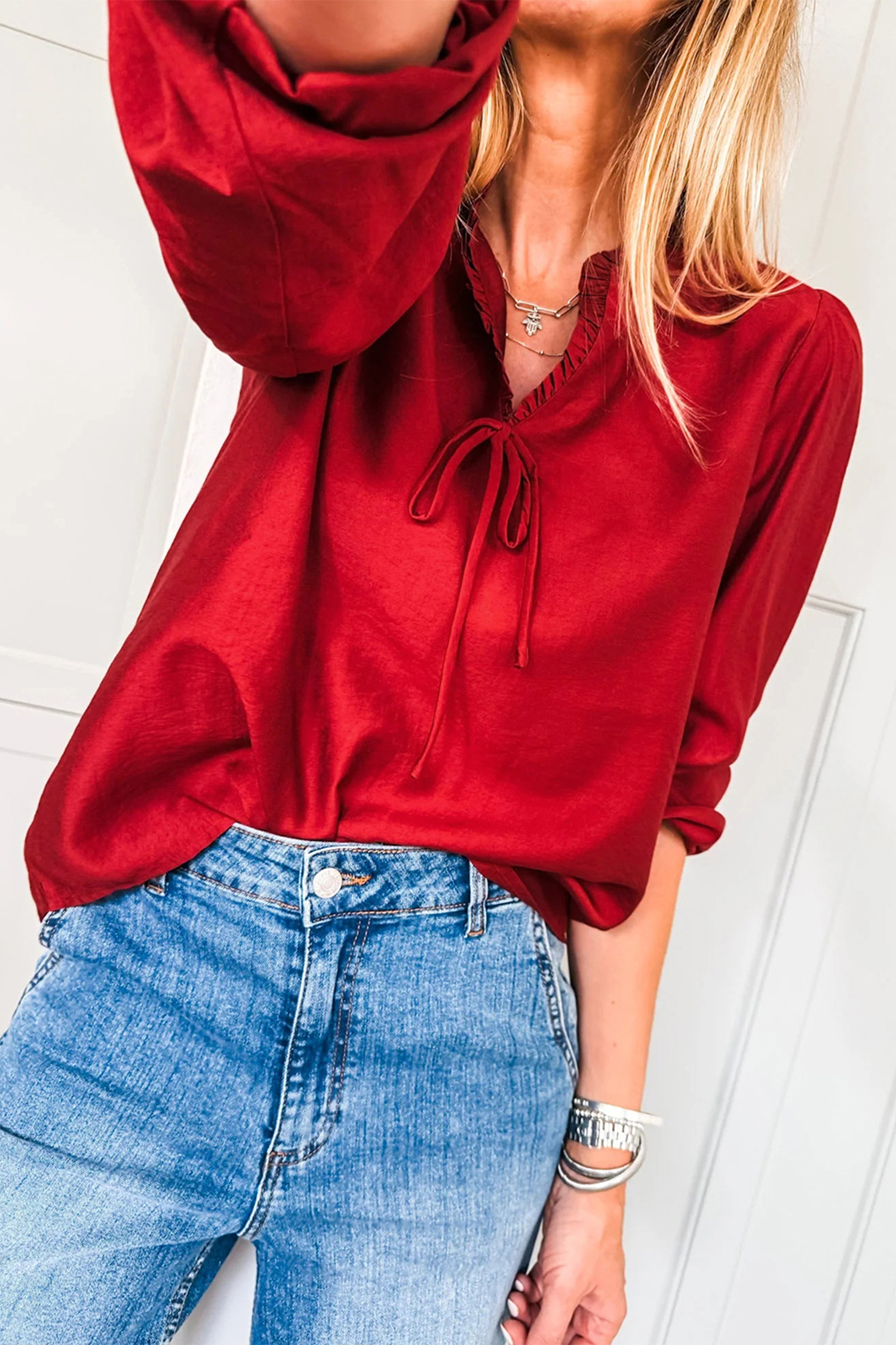 Fiery Red Solid Color Frilled V Neck Bow Detail 3/4 Sleeve Blouse view 2