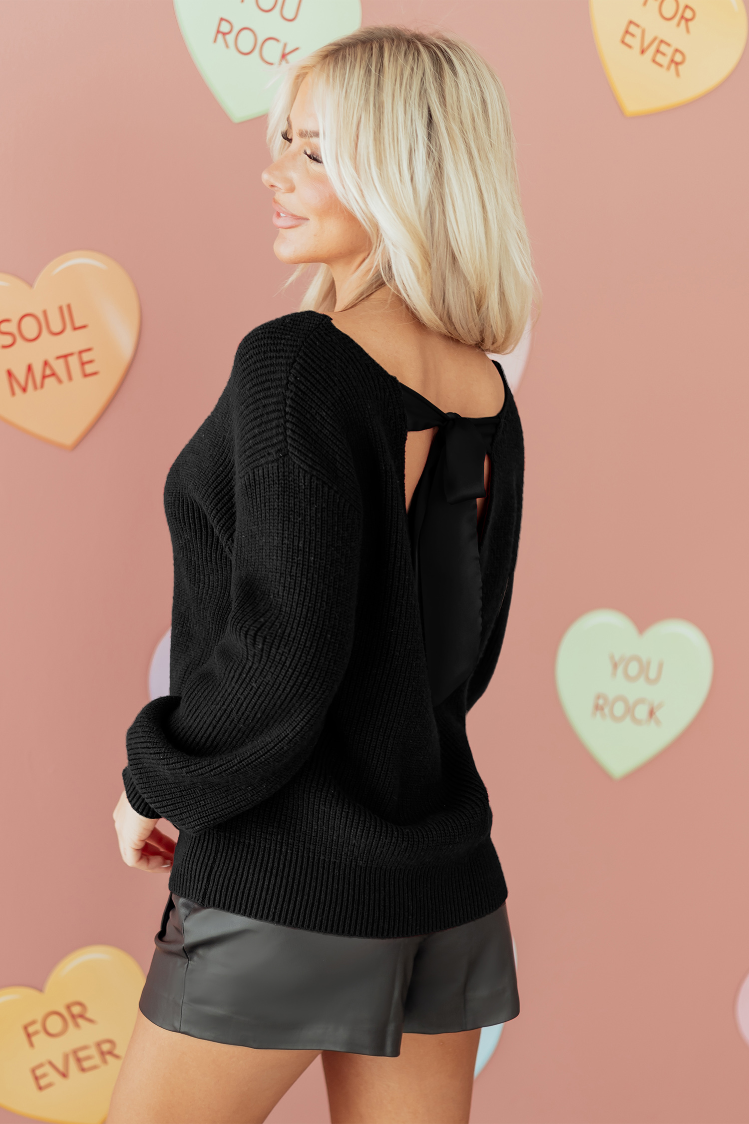 Black Ribbed Knit Ribbon Knot Backless Drop Shoulder Sweater view 4