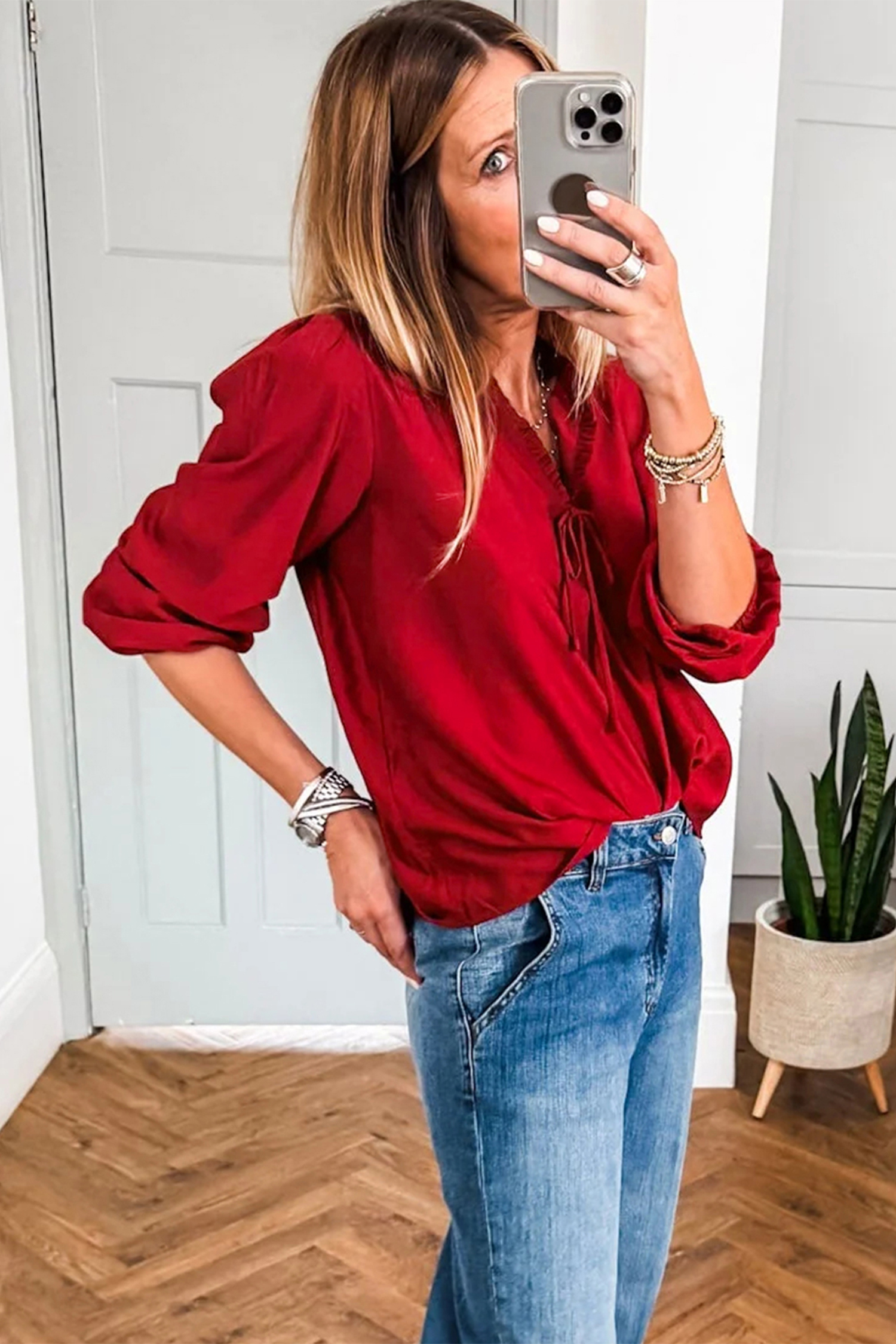 Fiery Red Solid Color Frilled V Neck Bow Detail 3/4 Sleeve Blouse view 3