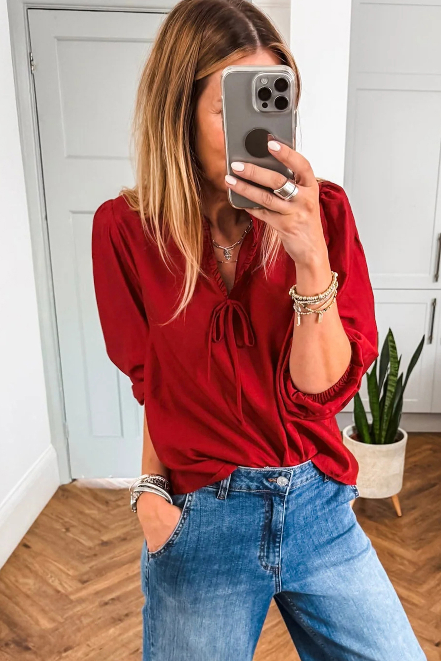 Fiery Red Solid Color Frilled V Neck Bow Detail 3/4 Sleeve Blouse view 12