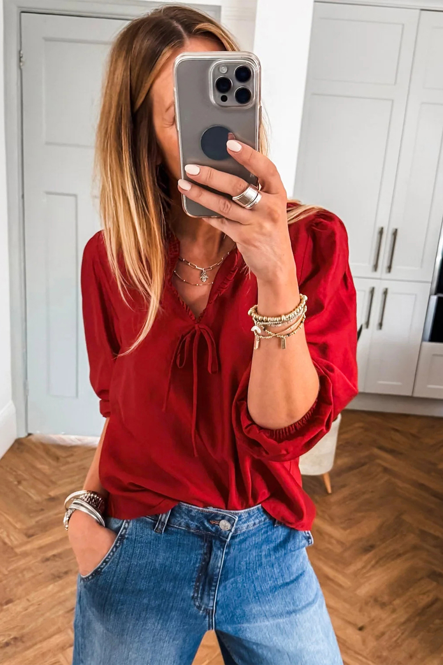 Fiery Red Solid Color Frilled V Neck Bow Detail 3/4 Sleeve Blouse view 4